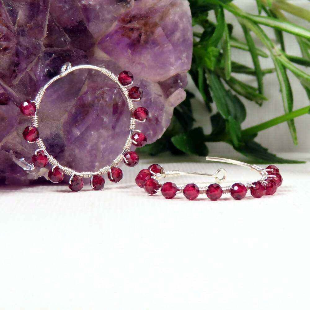 Micro Faceted Garnet Sterling Silver 20mm Hoops