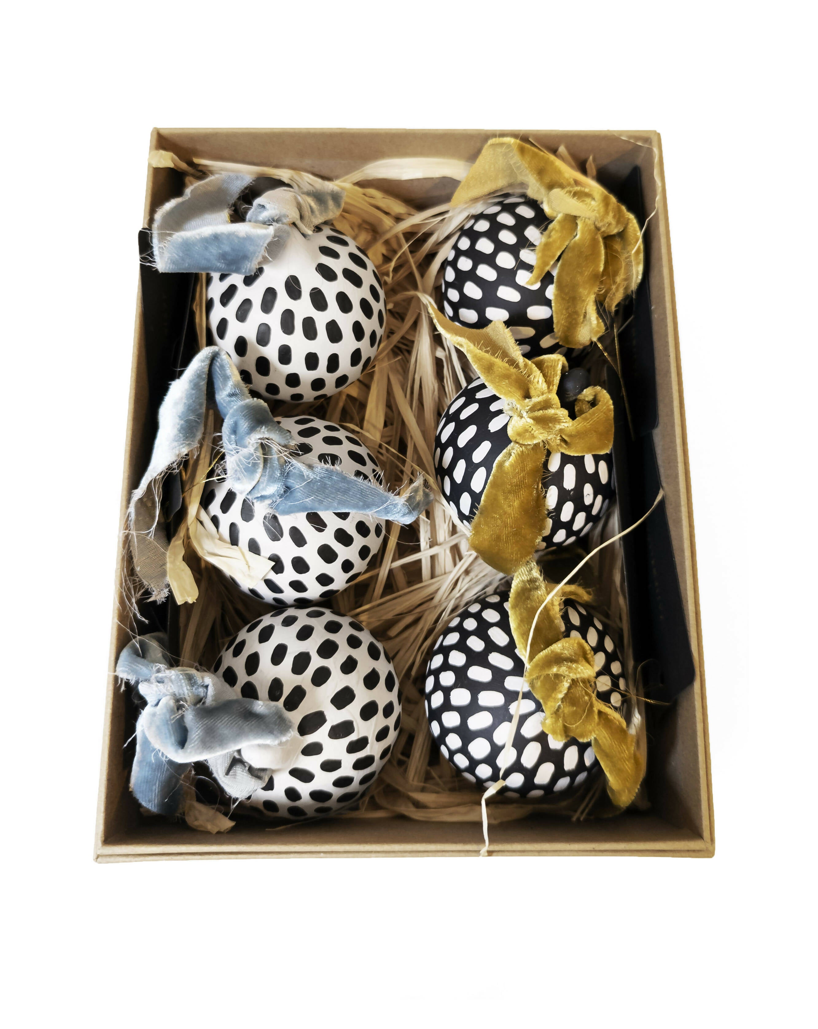 box of spotted baubles with velvet ribbon 2