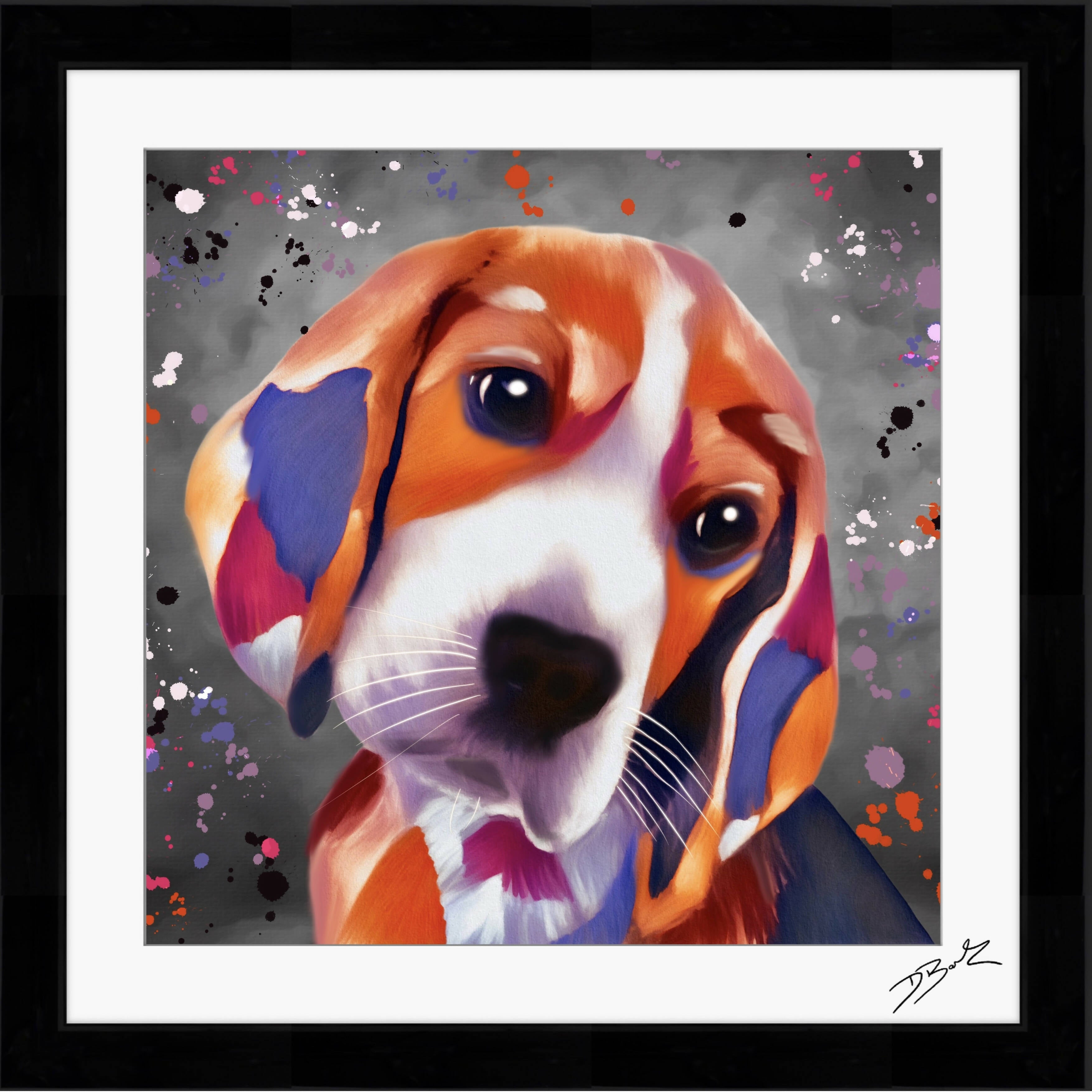 BEAGLE DOG COLOUR SPLASH FRAMED ARTWORK.