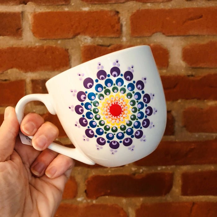 Hand Painted Dot Mandala Large Mug: Rainbow