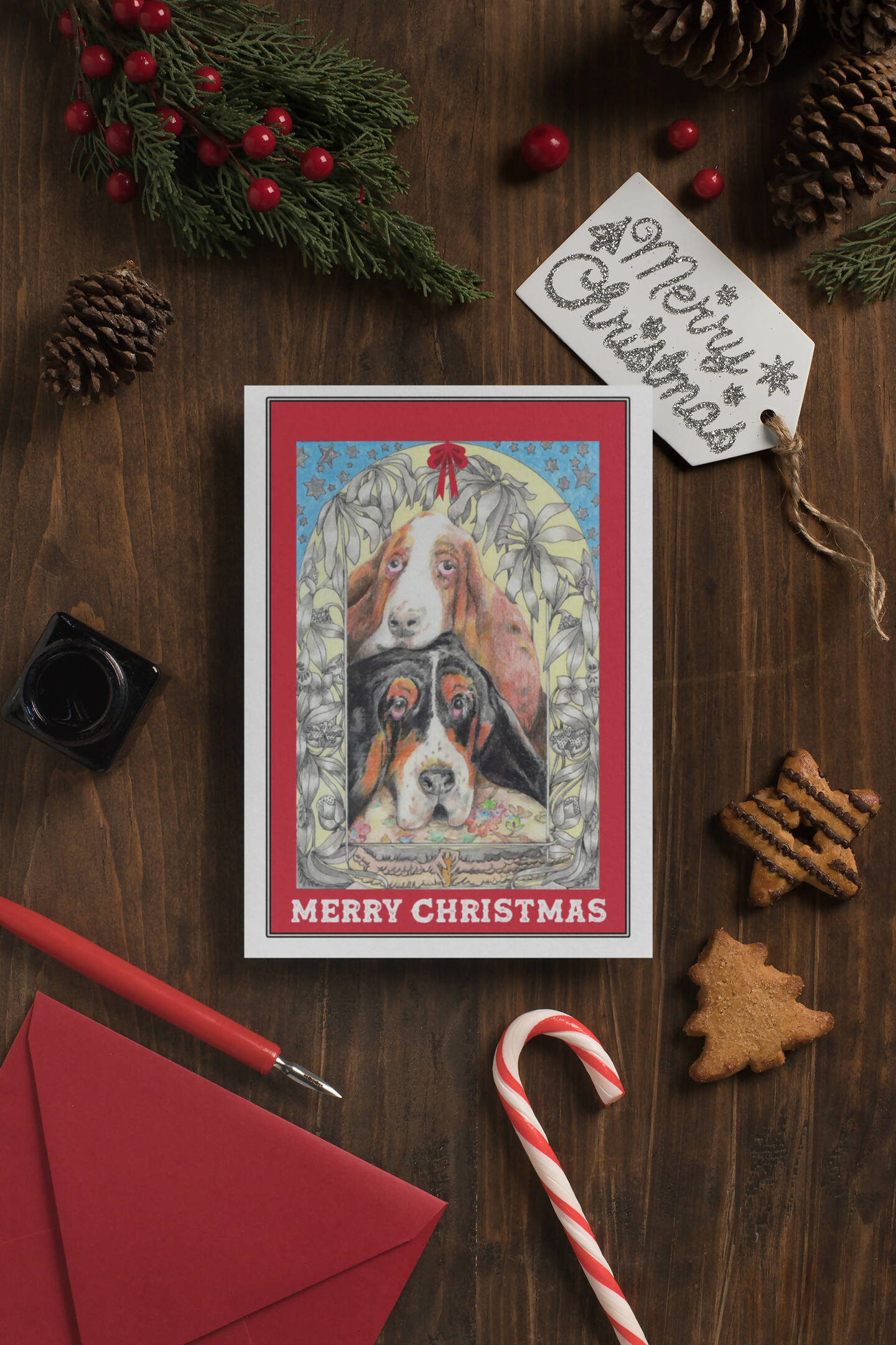 Basset Hound Vintage Christmas Card