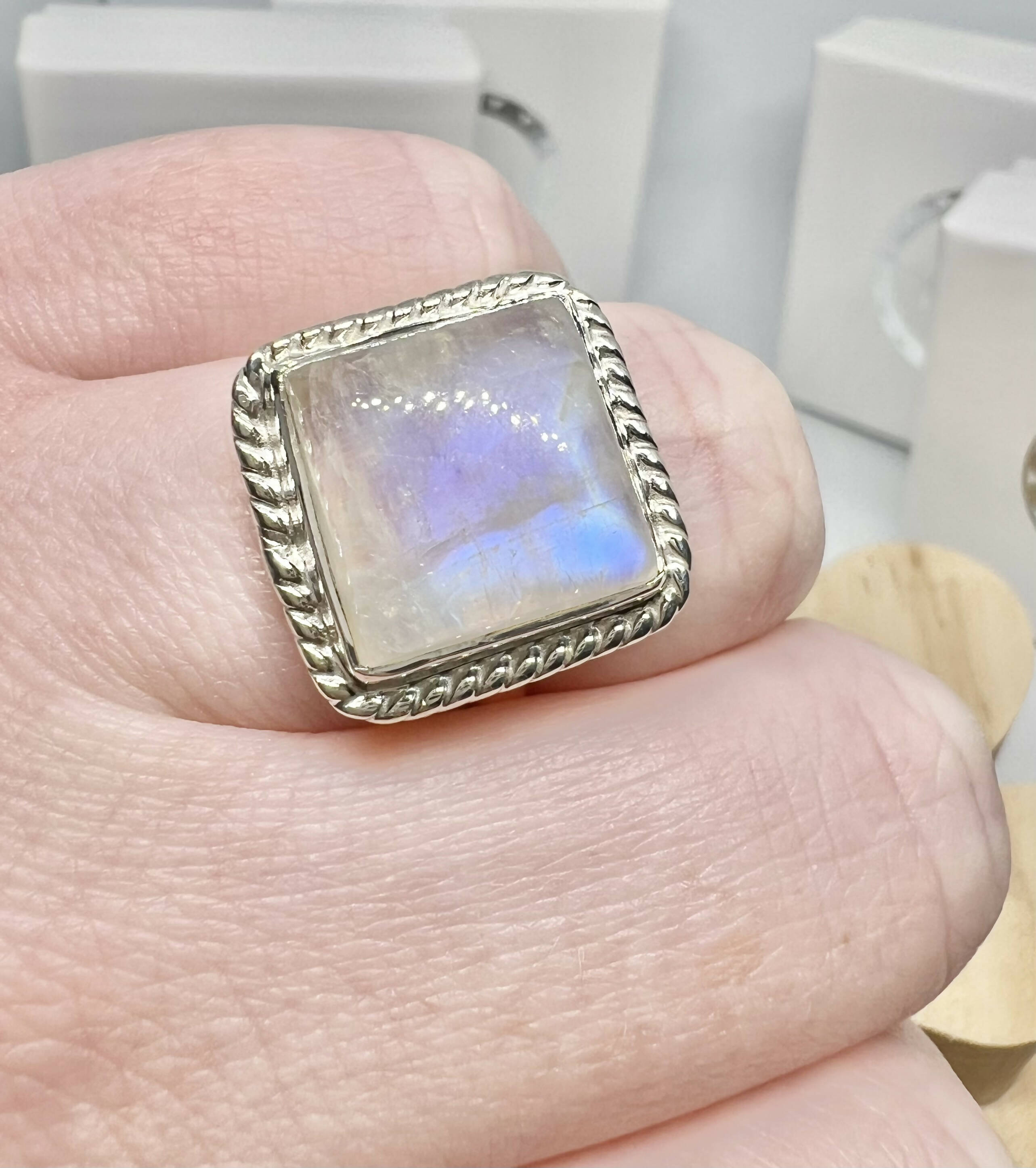 White moonstone square ring size O