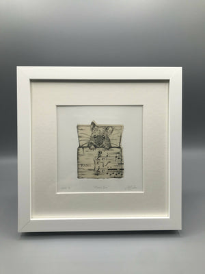 "Mouse Box" (O/VE 24) Framed Handmade Dry point prints with chine colle vintage sheet music -by Jenny Davies