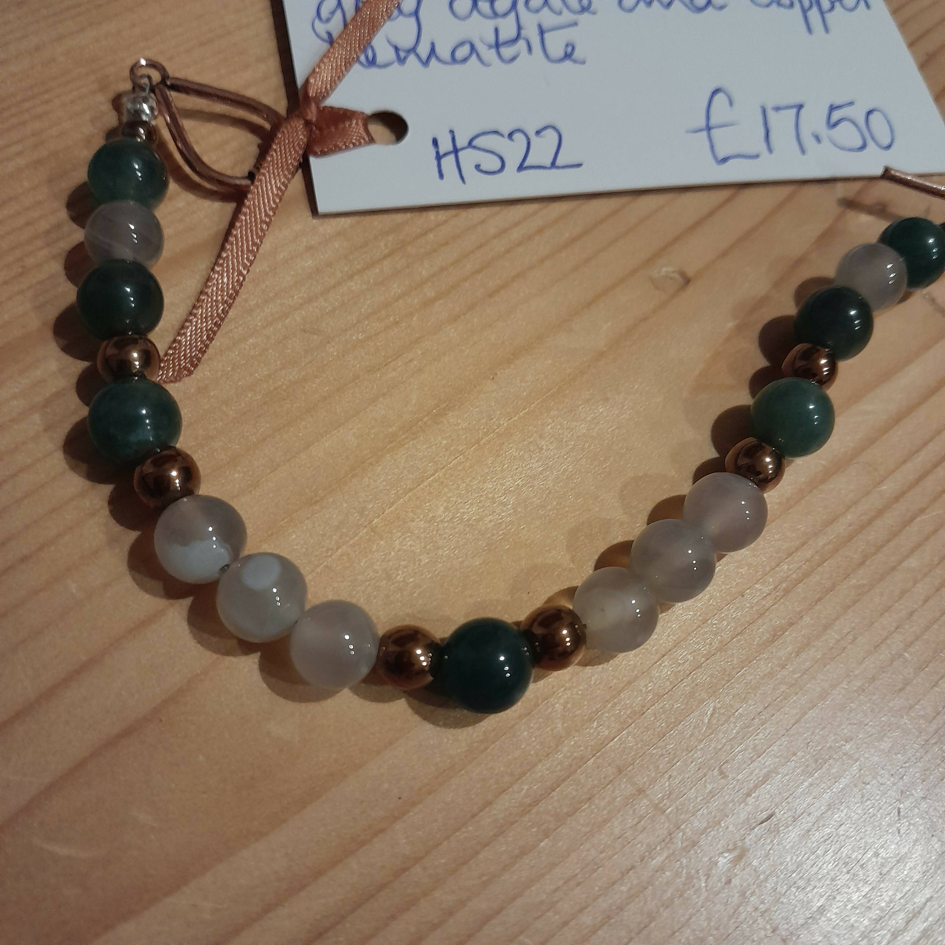 Pure Copper Toggle Clasp Bracelet with Moss Agate, Banded Grey Agate and Copper Hematite
