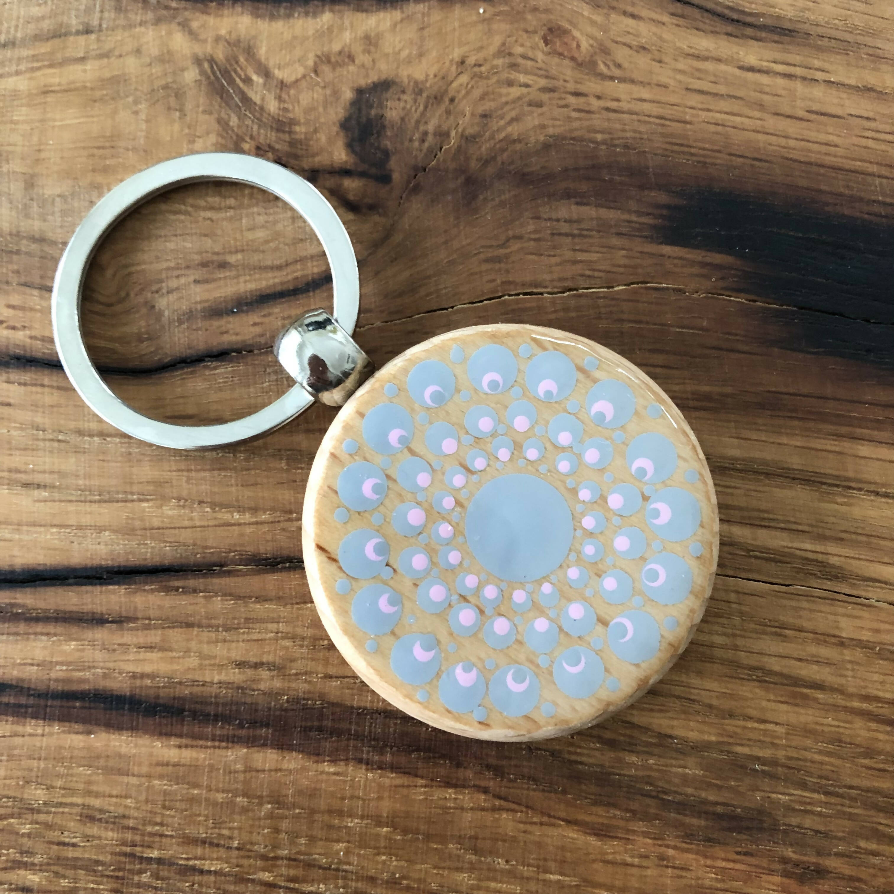 Hand Painted Dot Mandala Key Ring: Grey and Pink