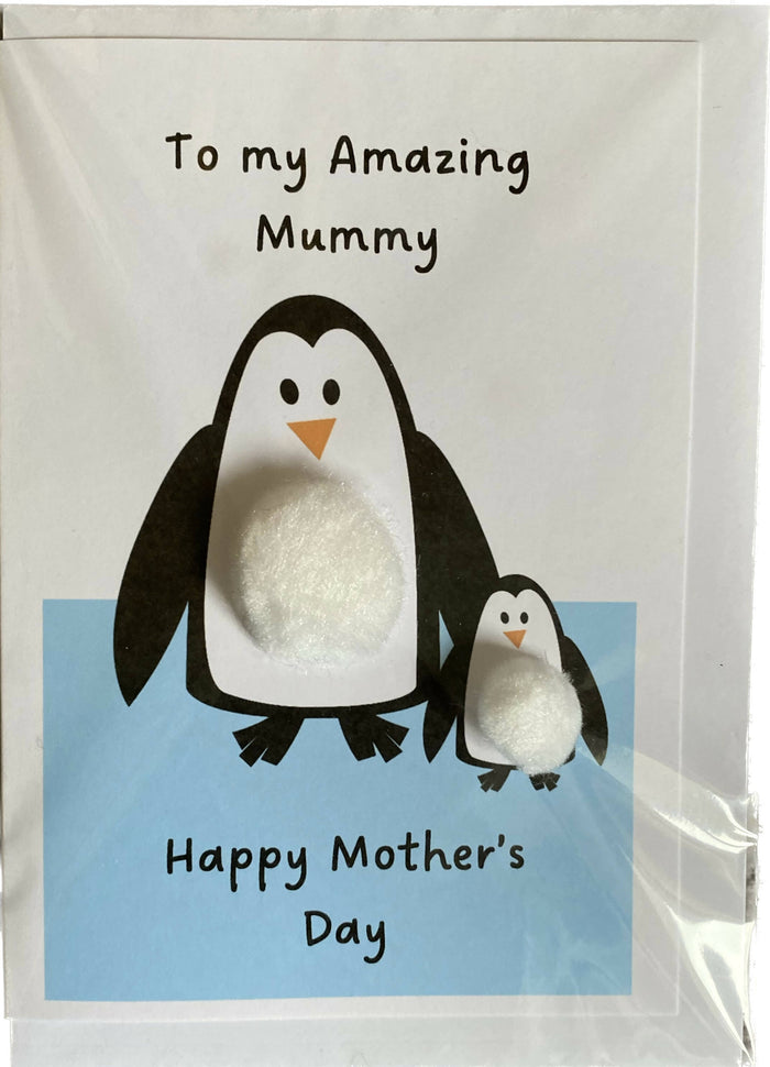 Amazing Mummy penguin. Mothers Day - Pom Pom greeting card