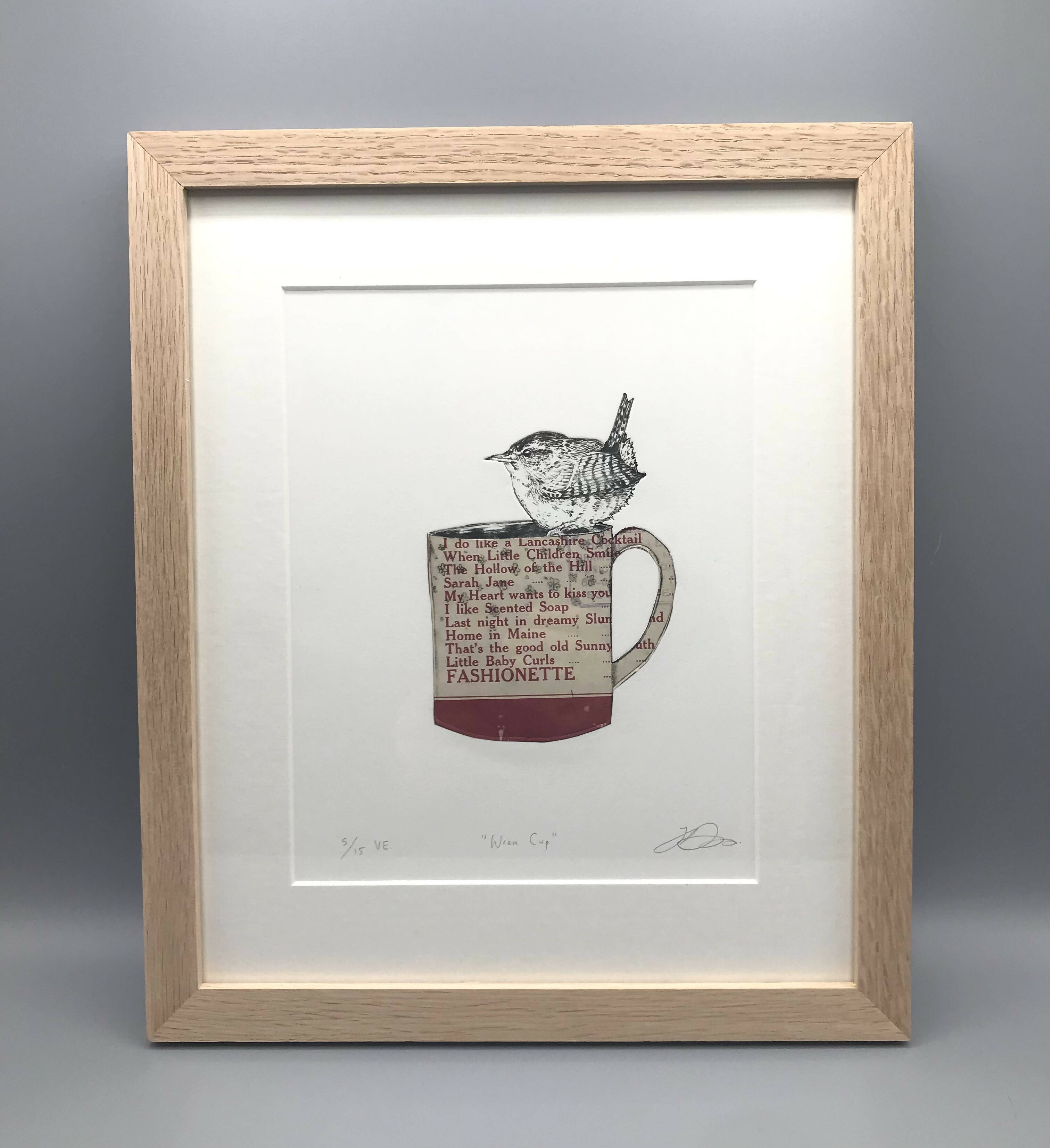 Wren Cup (5/15) Limited Edition Dry Point Print with Chine Colle Applied Vintage Music