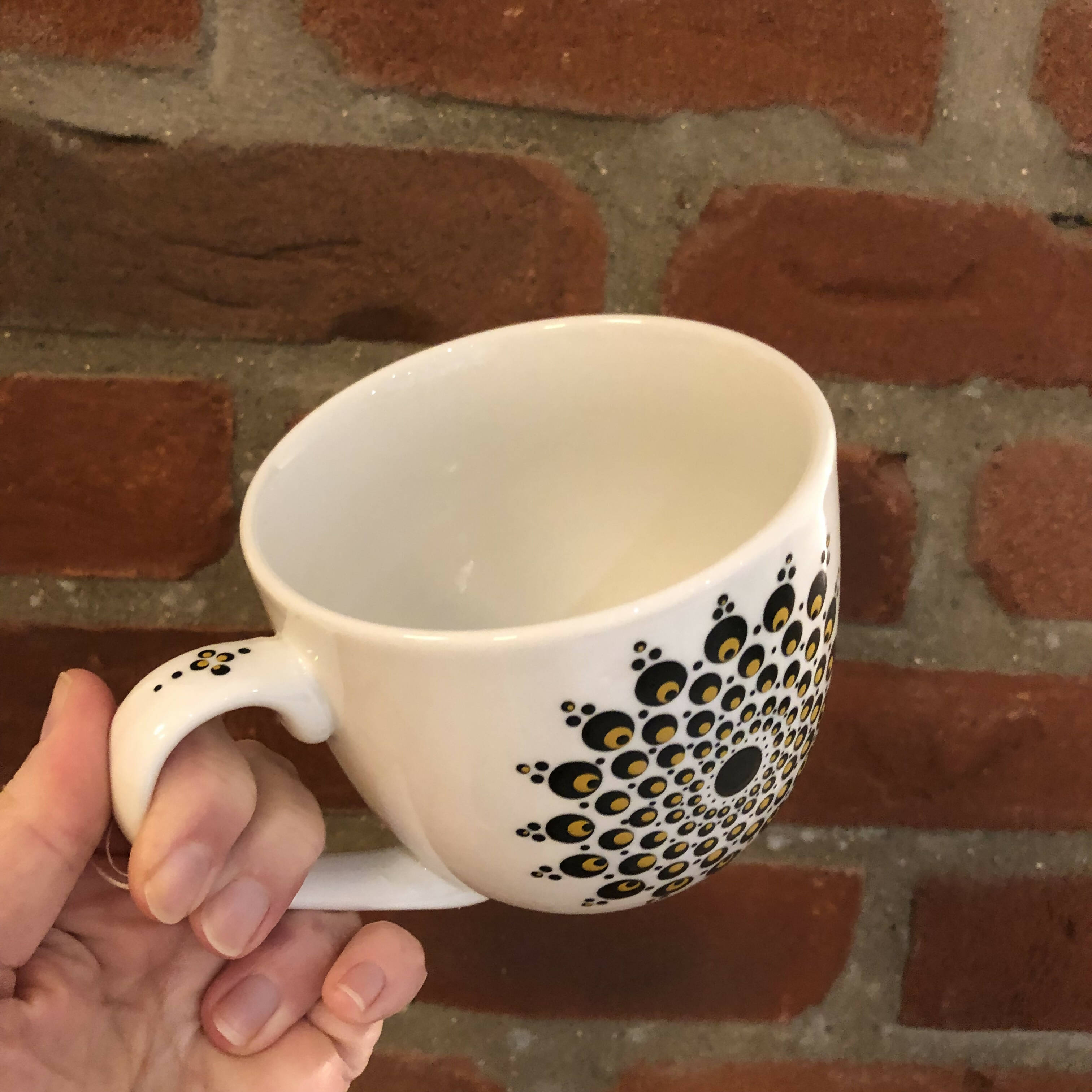 Hand Painted Dot Mandala Large Mug: Black and True Ochre