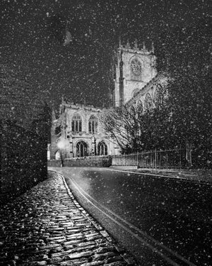 Snowy Night at St Mary's - Black & White