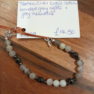 Tibetan Silver Toggle Catch Bracelet with Banded Grey Agate and Grey Hematite