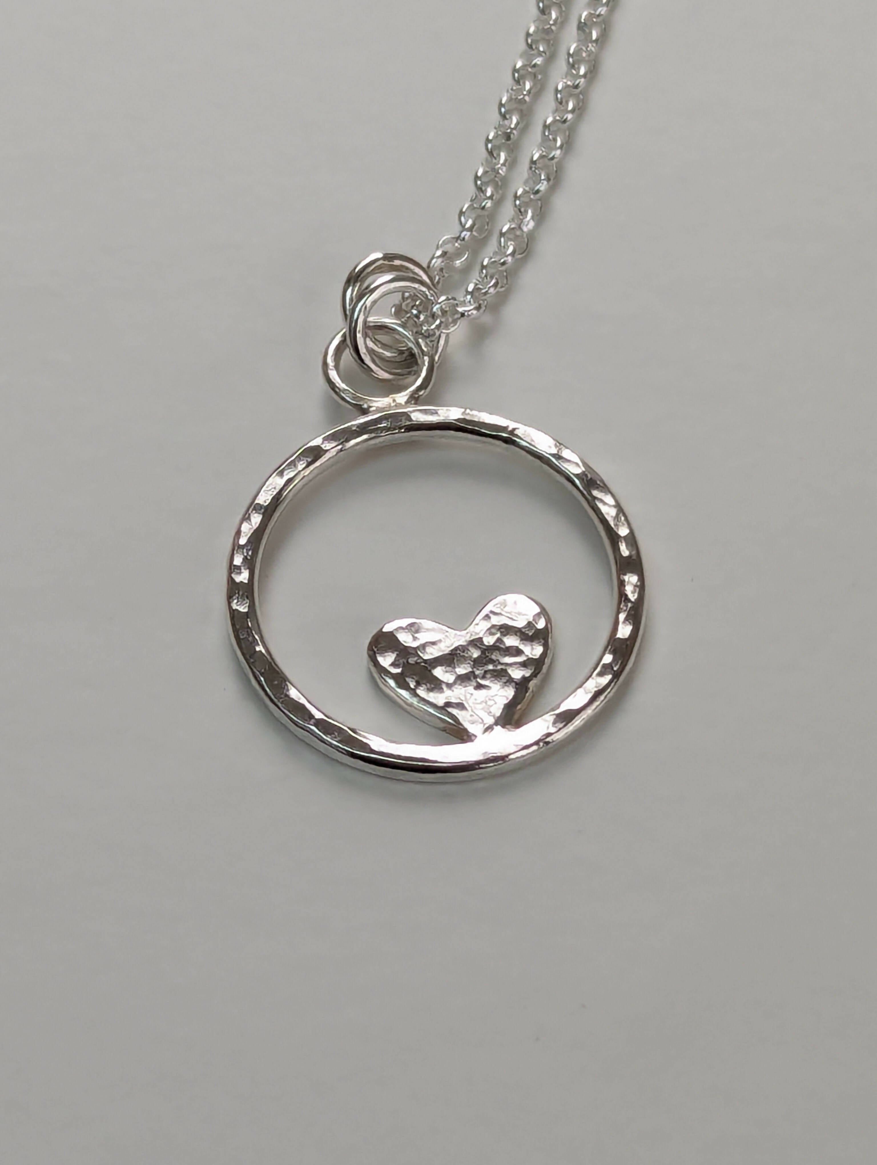 Open Circle Hammered Heart Sterling Silver Necklace - Handmade