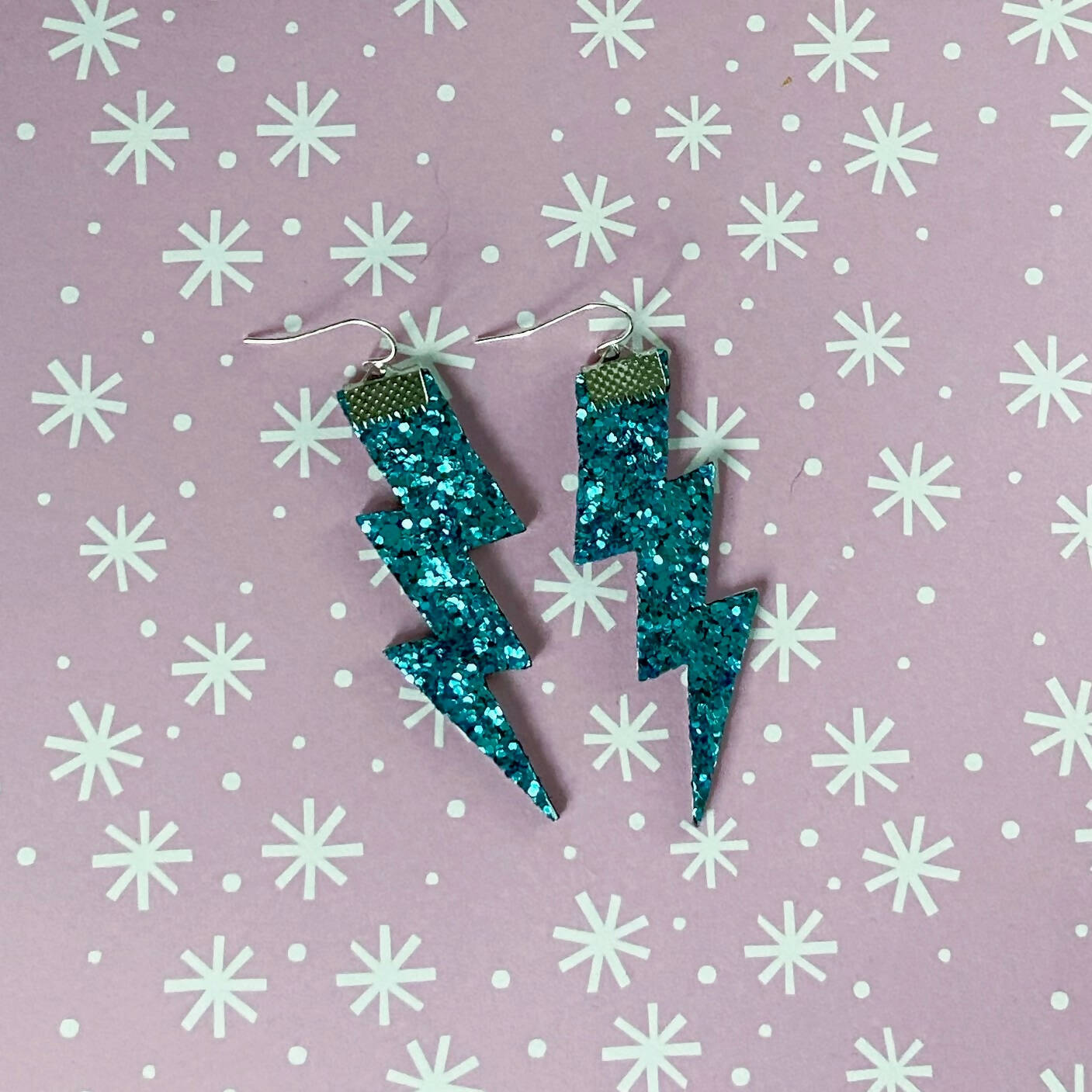 Flash Lightning Bolt Earrings in Light Blue Glitter