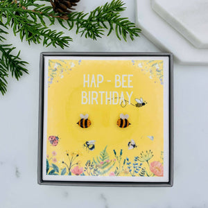 Hap-Bee Birthday, Boxed jewellery quote card with earrings.