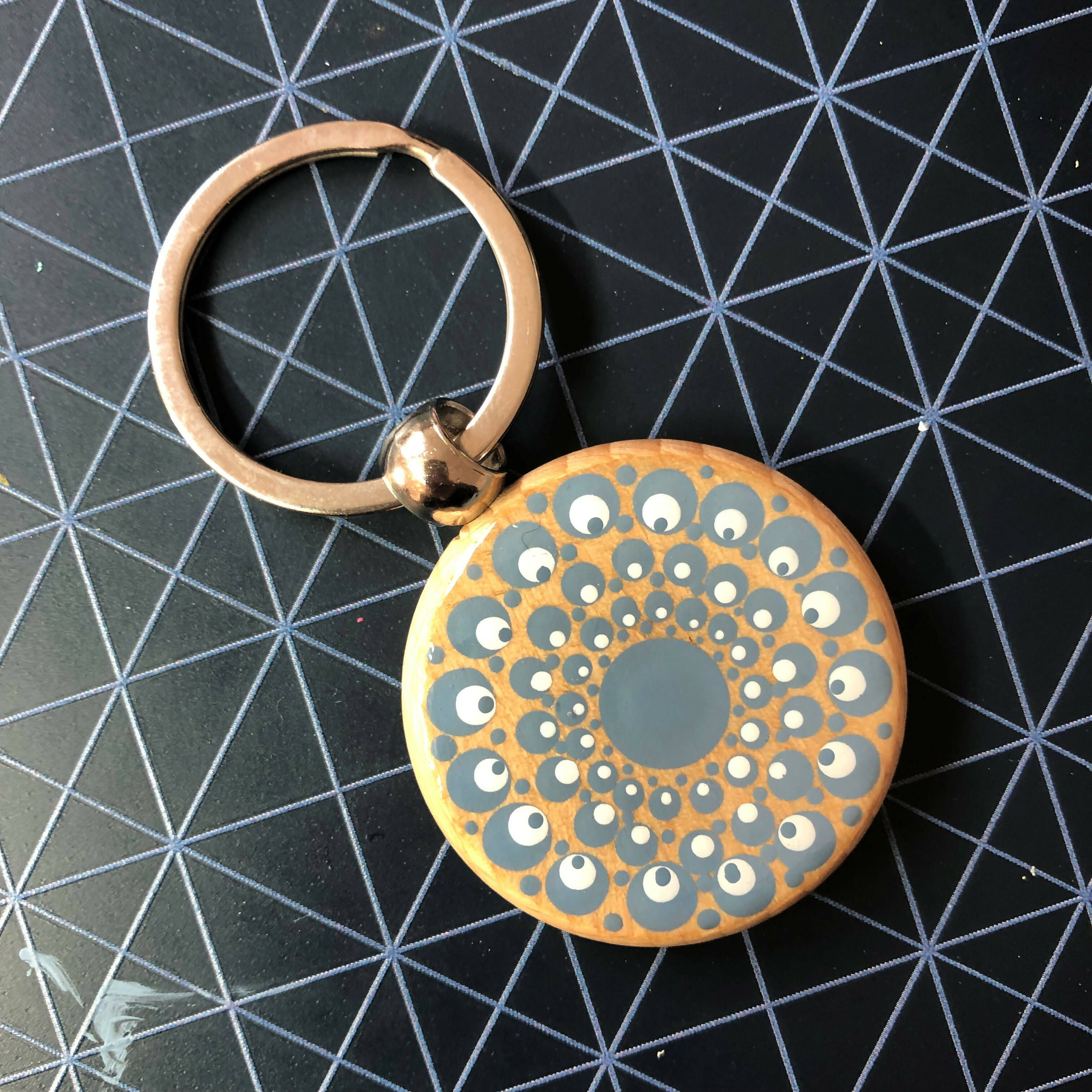 Hand Painted Dot Mandala Wooden Key Ring: Williamsburg Blue with White