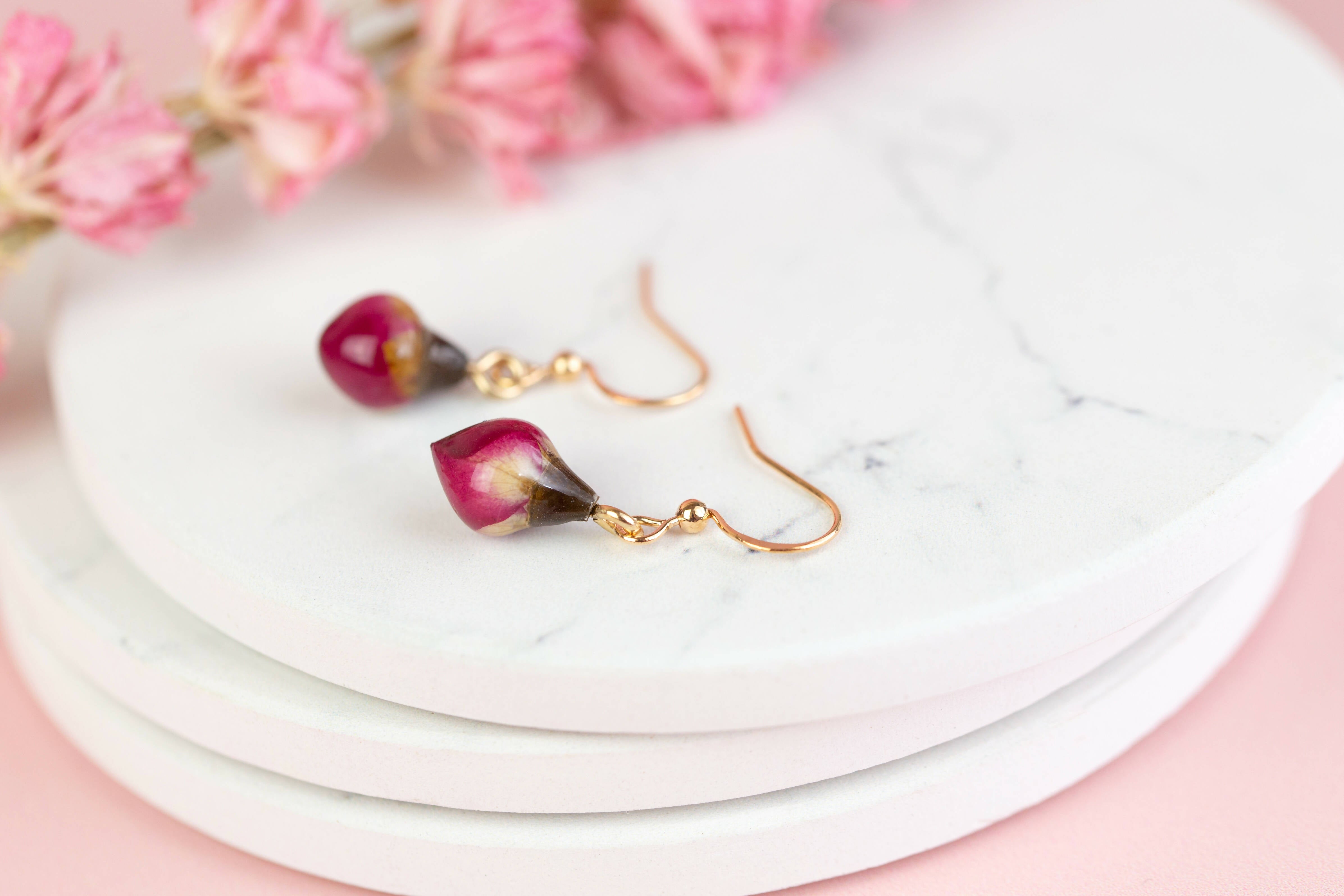 Tiny Red Rose Earrings Gold Plated