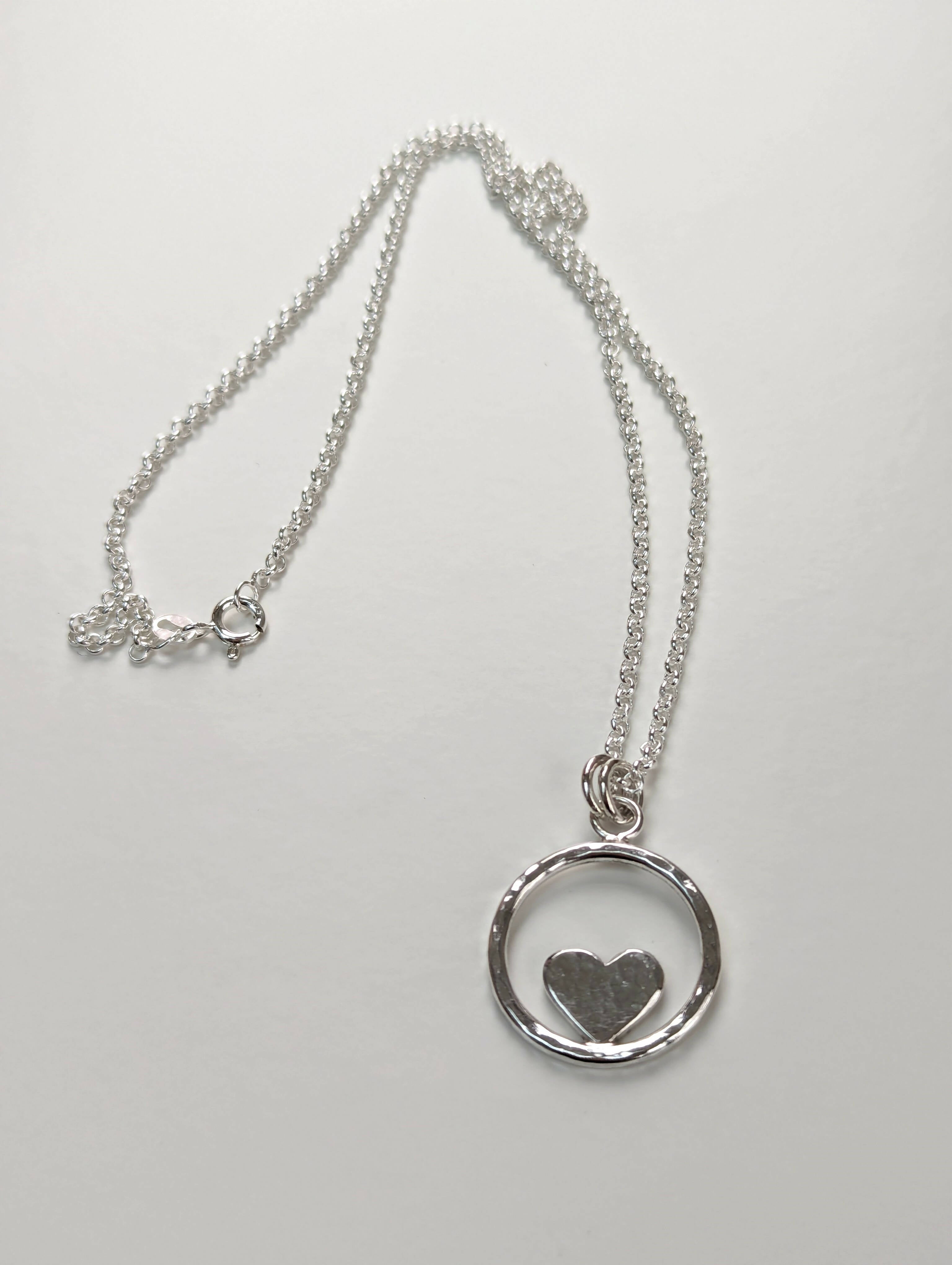 Open Circle Hammered Heart Sterling Silver Necklace - Handmade