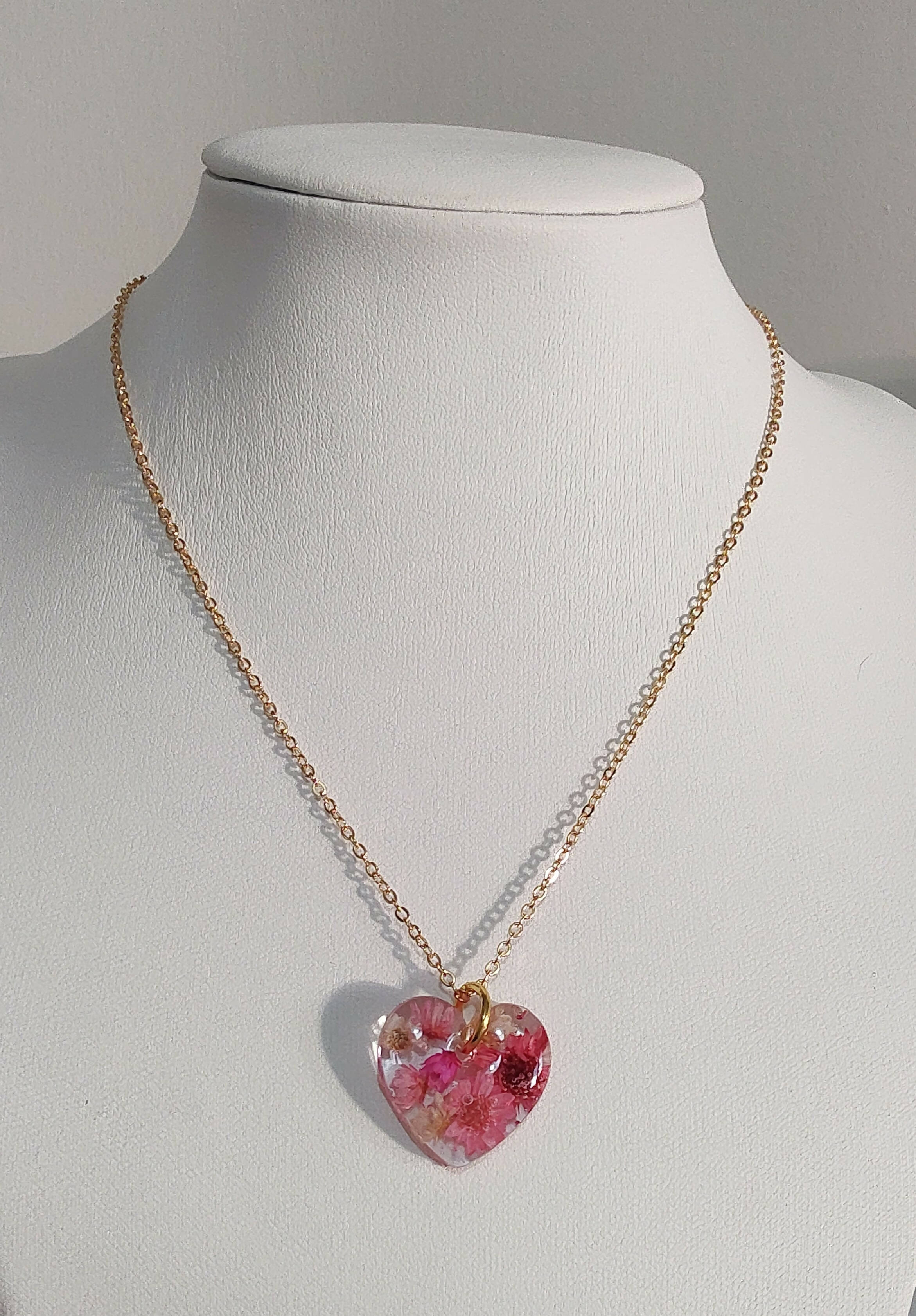 3D Heart Shaped Necklace with Pink Dried Flowers Gold Plated