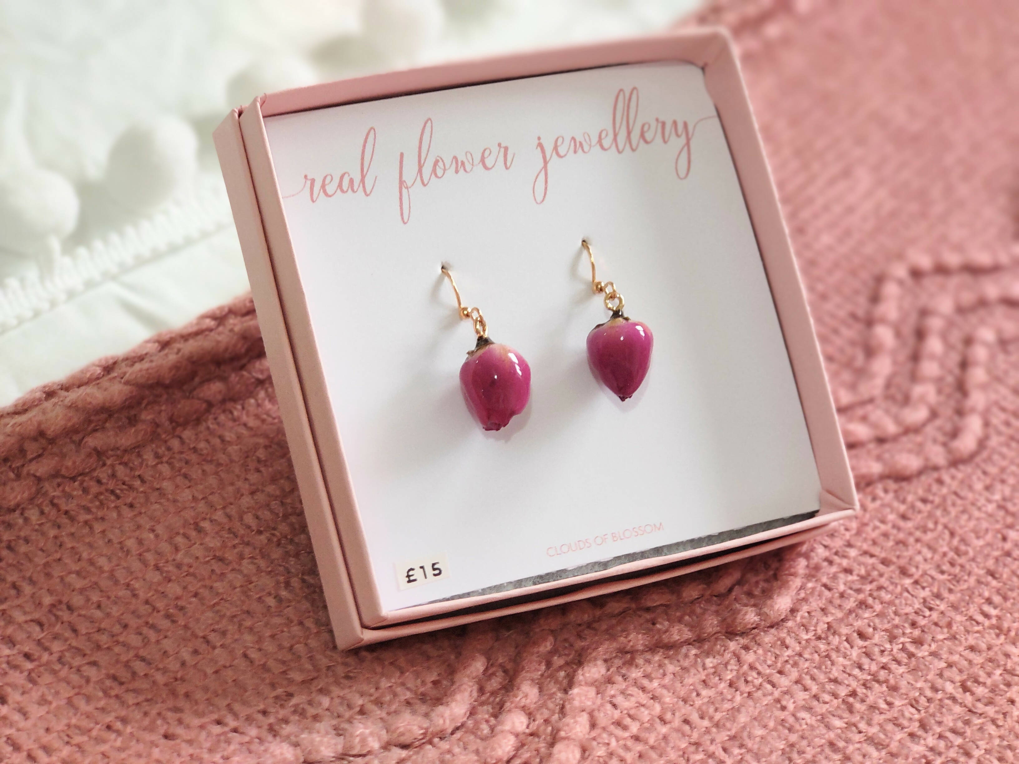 Medium Pink Rose Earrings Gold Plated