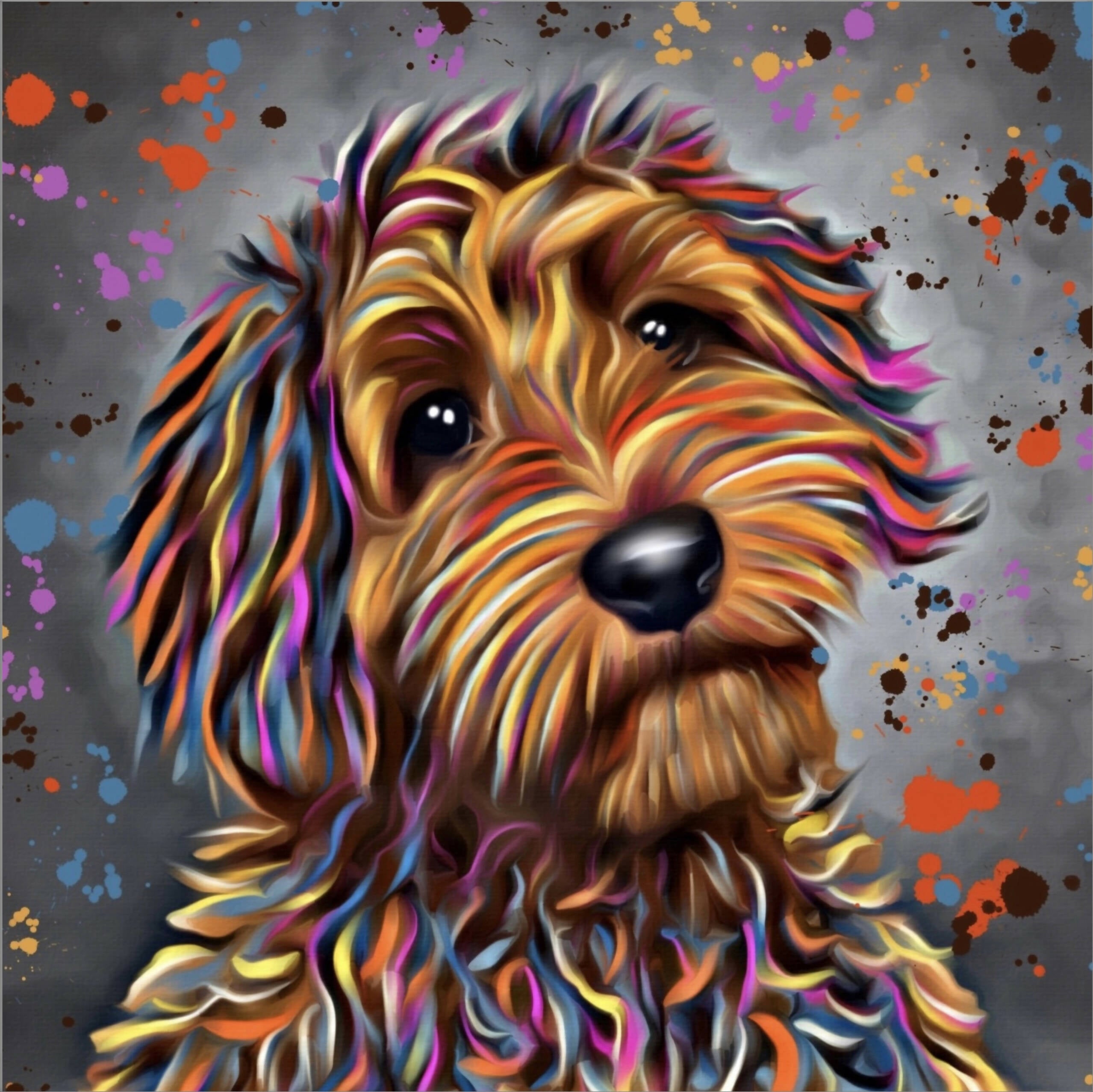 LABRADOODLE DOG COLOUR SPLASH FRAMED ARTWORK.