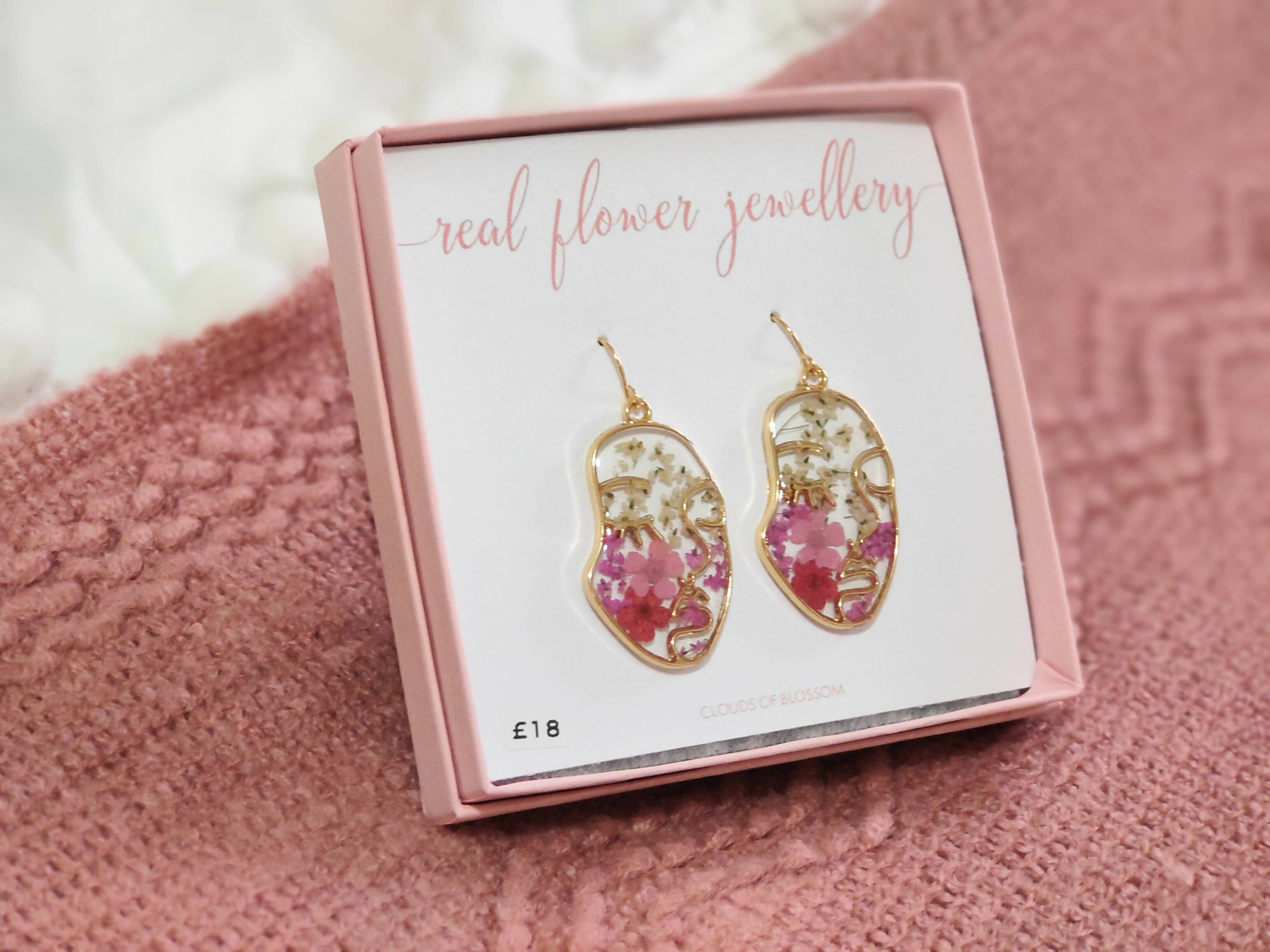 Pink Real Pressed Flower Face Earrings Gold Plated