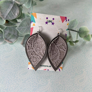 Grey Lace Print Pinched Leaf Shaped Earrings in Faux Leather