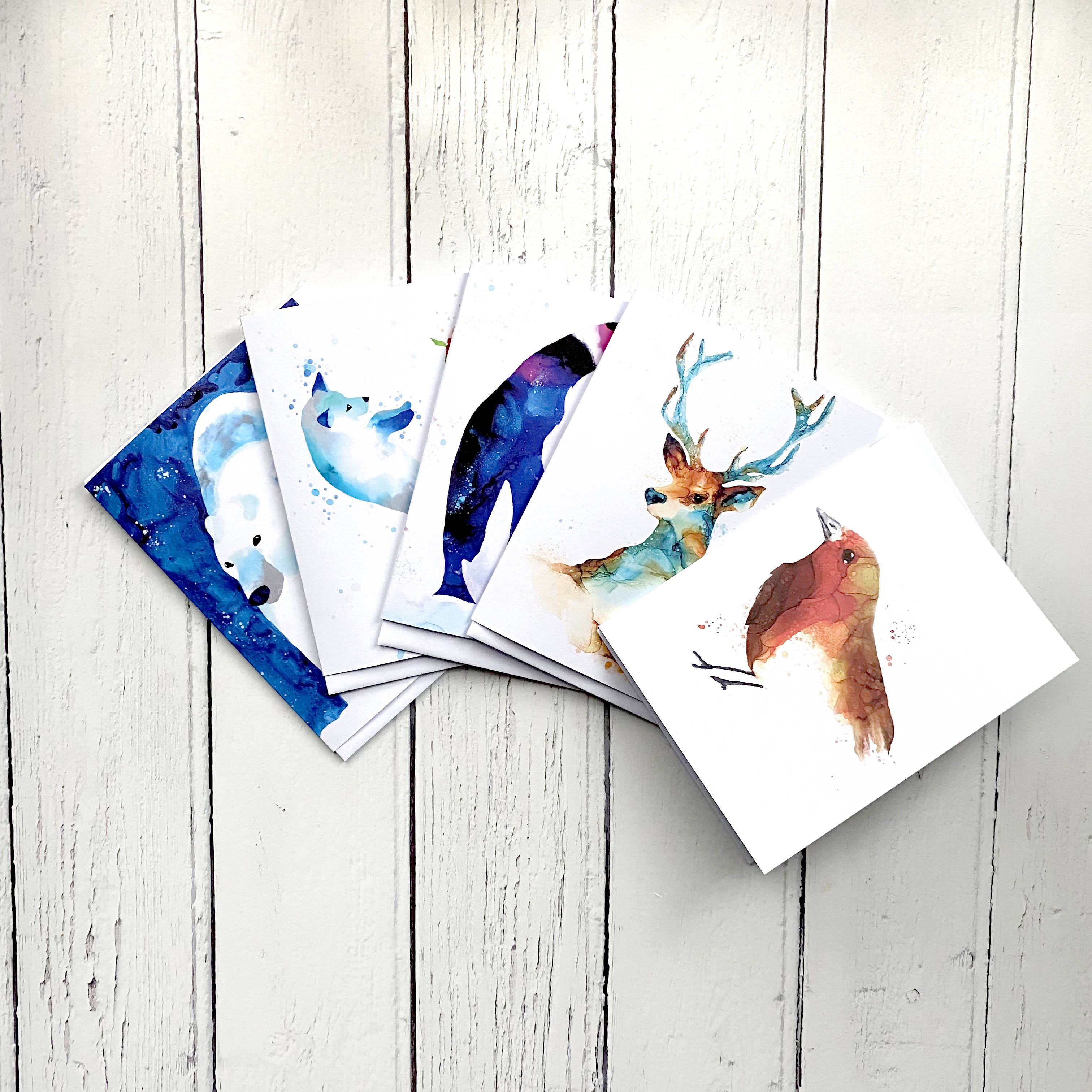 Pack of 5 Christmas Animal Ink Greetings Cards