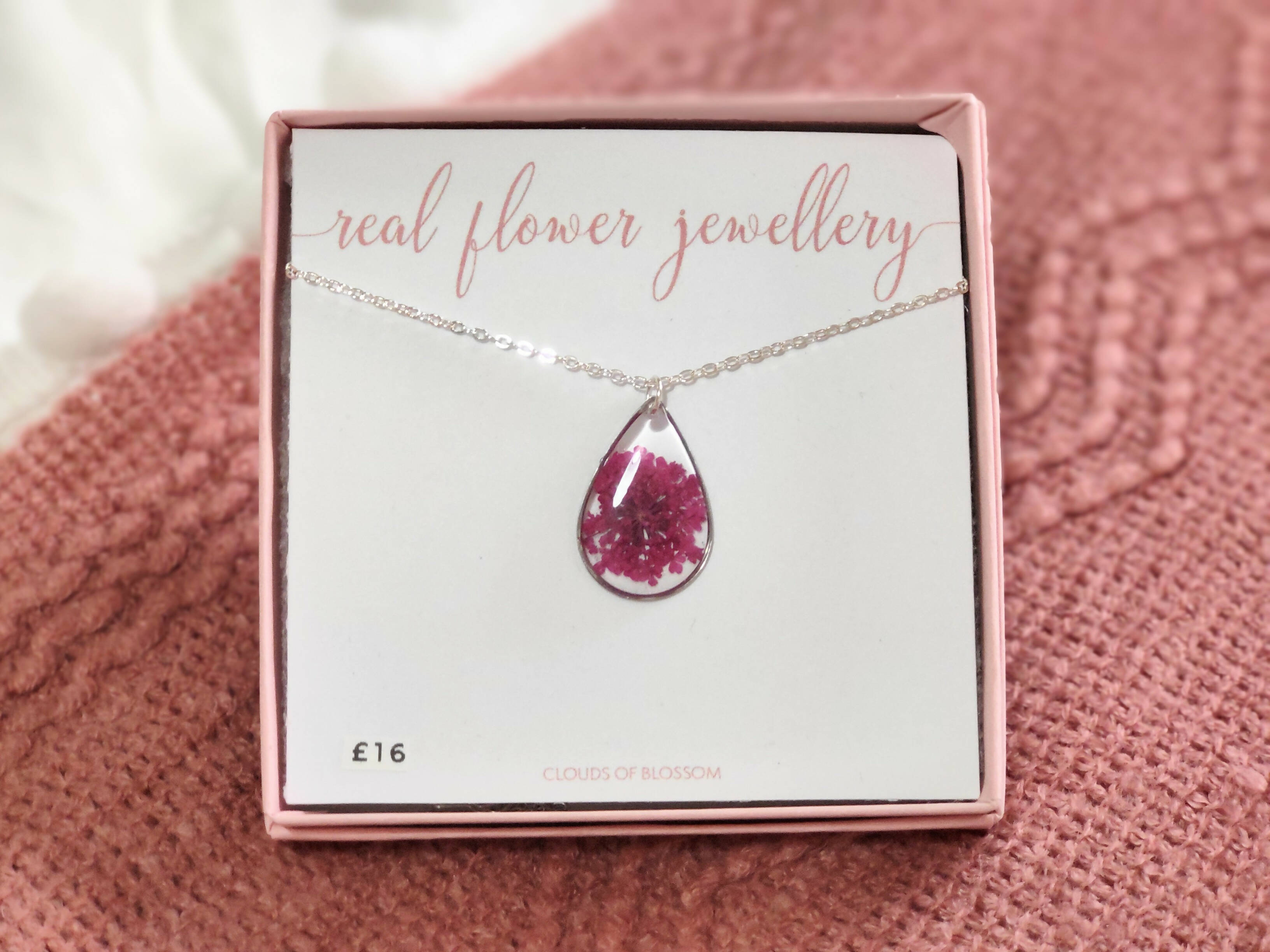 Pink Real Pressed Flower Teardrop Necklace Silver Plated