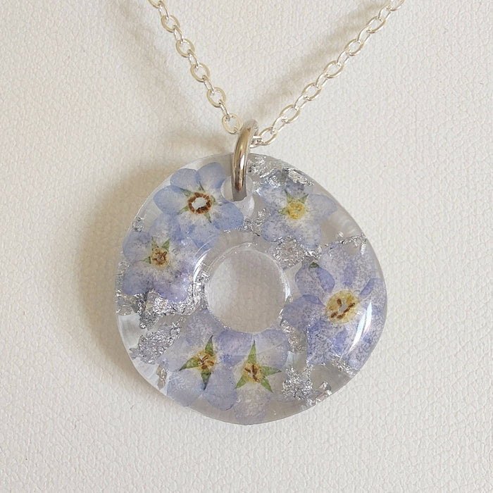 Forget Me Not and Silver Leaf Donut Circle Necklace Silver Plated