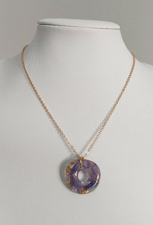Blue Corn Flower Petals and Gold Leaf Donut Circle Necklace Gold Plated