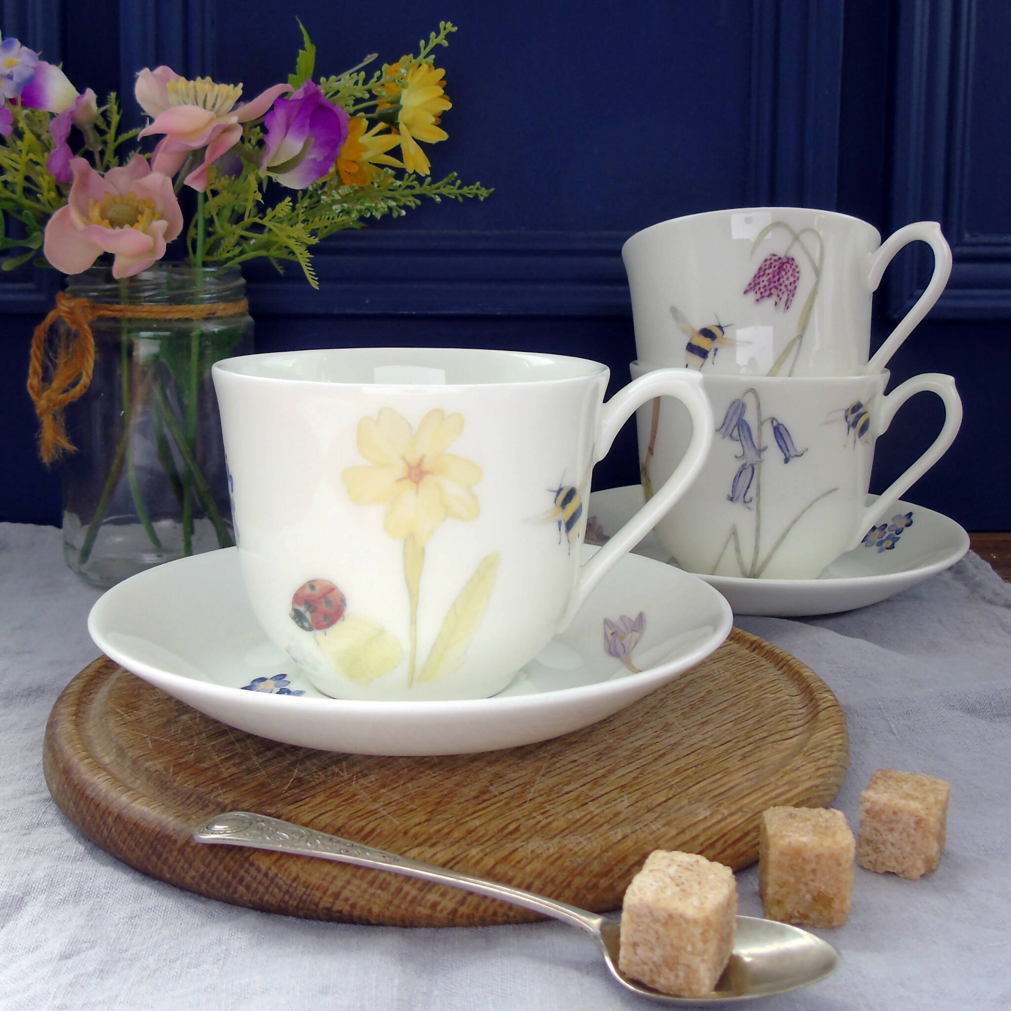 Fine Bone China Spring Flowers Teacup and Saucer