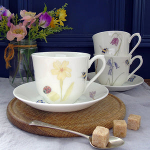 Fine bone china spring flowers teacup and saucer