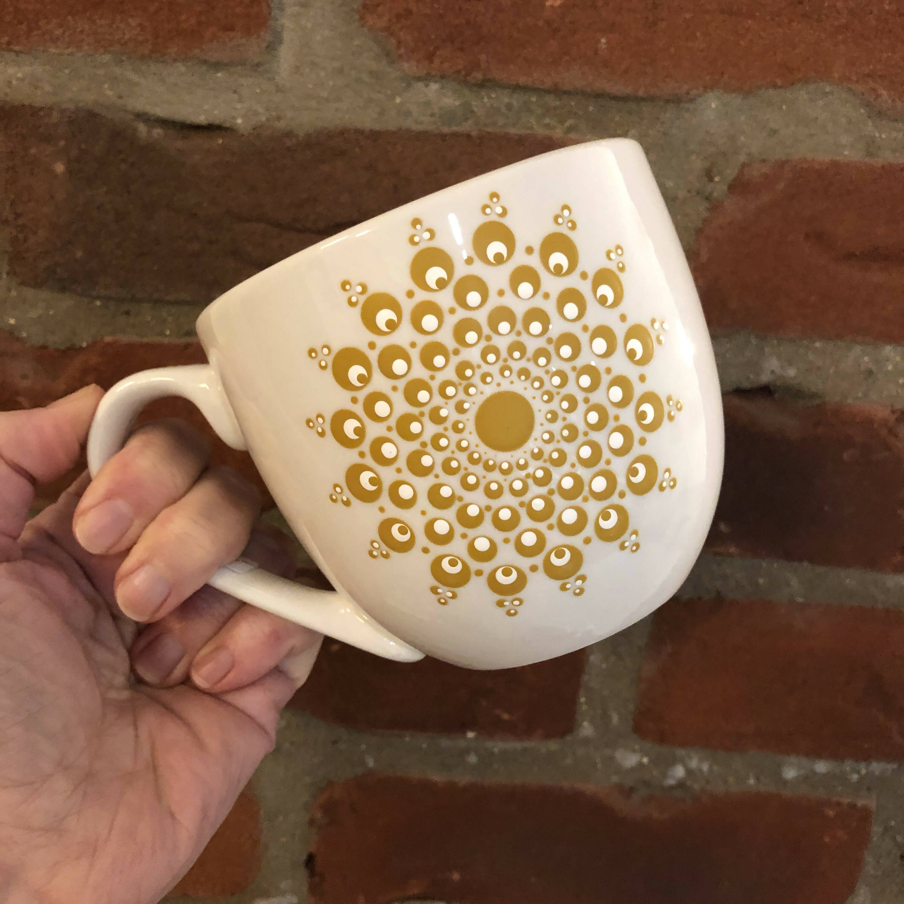 Hand Painted Dot Mandala Large Mug: True Ochre and White