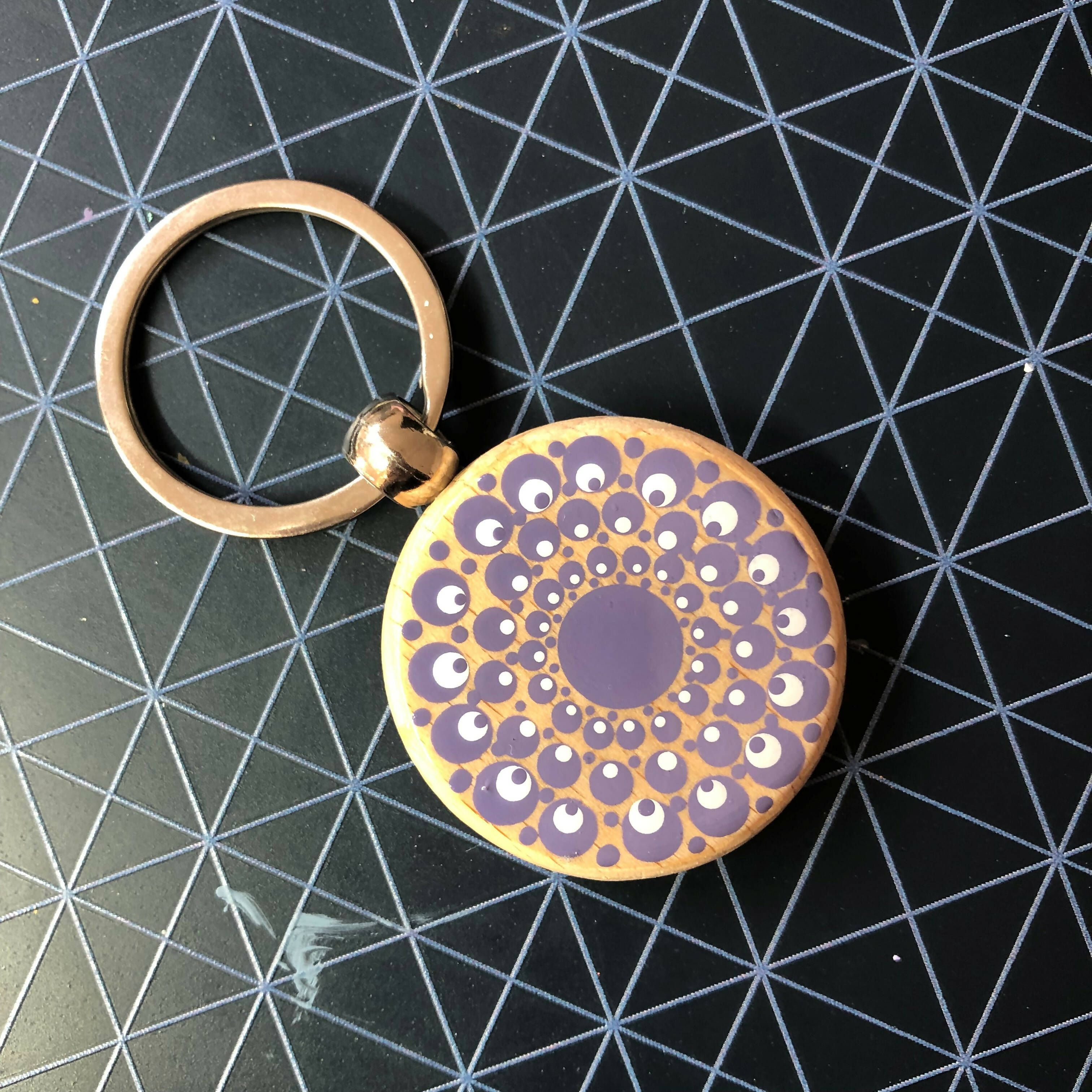 Hand Painted Dot Mandala Wooden Key Ring: Purple Hydrangea with White