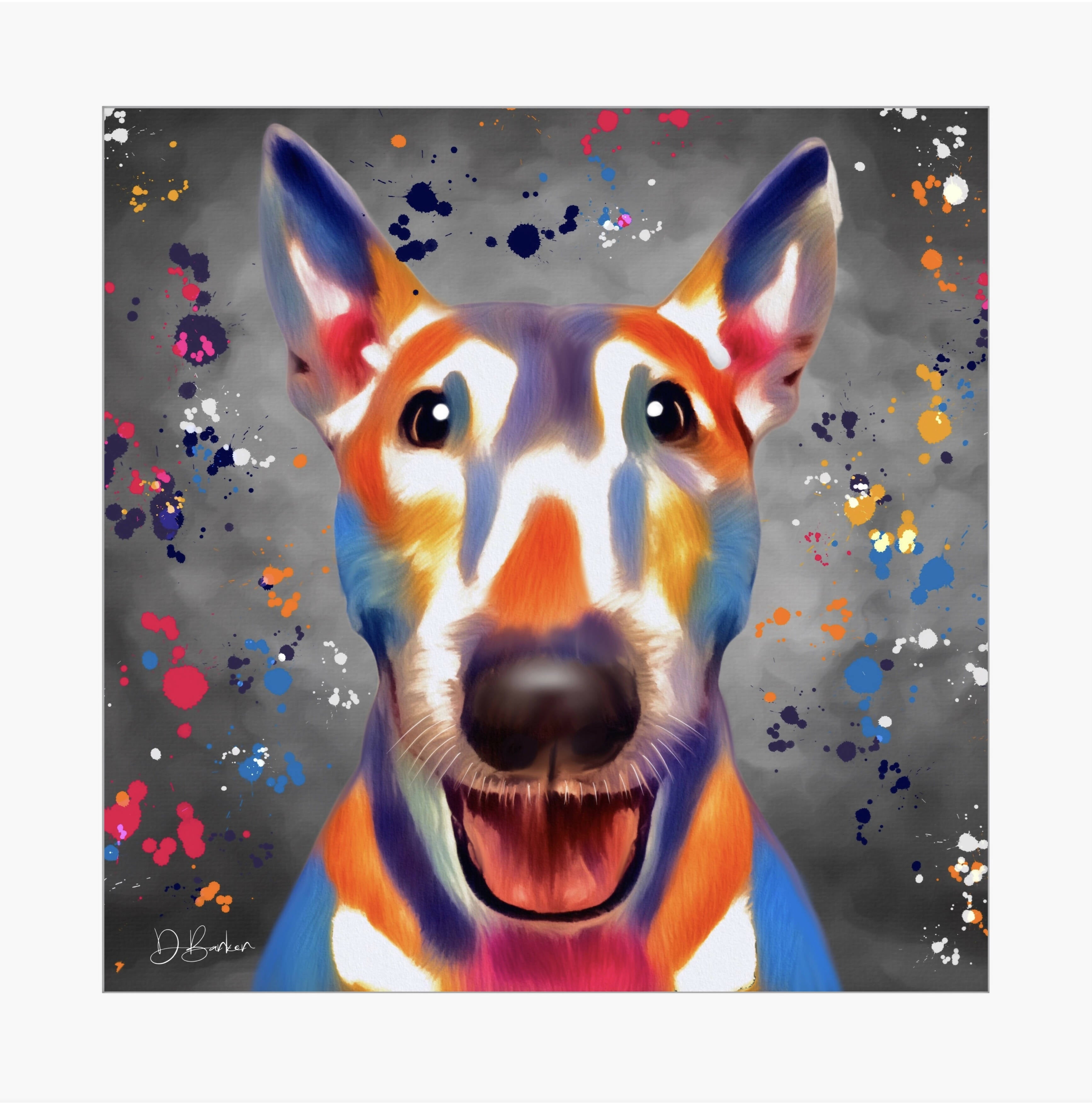 BULL TERRIER DOG COLOUR SPLASH MOUNTED ARTWORK.