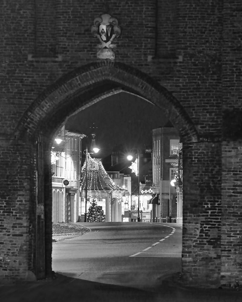 Beverley Market Cross through the North Bar (b/w), Portrait