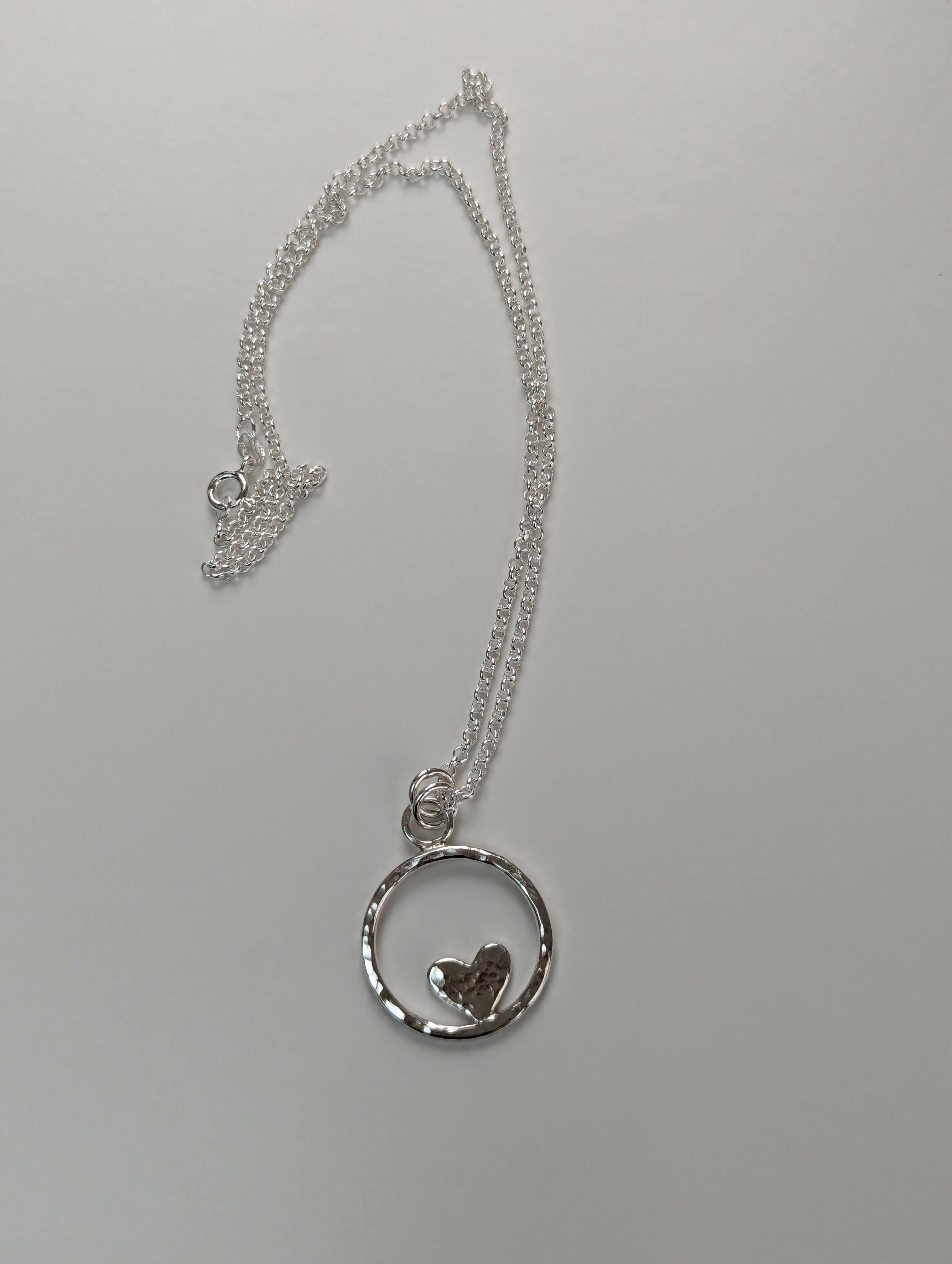 Open Circle Hammered Heart Sterling Silver Necklace - Handmade