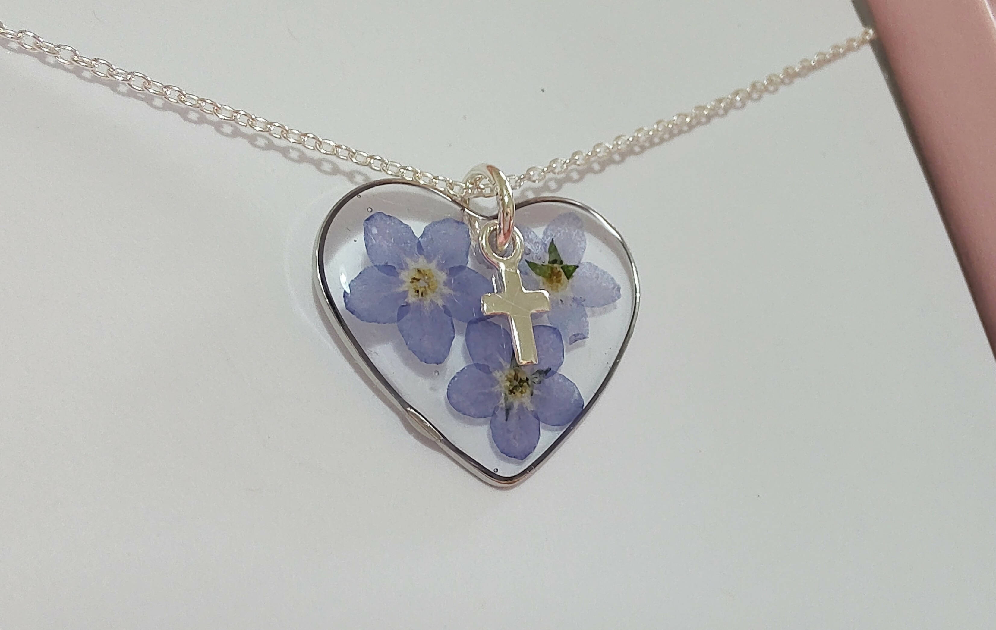 Forget Me Not Heart Necklace with Cross Sterling Silver