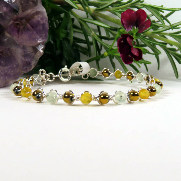 17cm Silver plated stacking bracelet with 4mm Prenhite, faceted dyed Yellow Agate and Gold Haematite