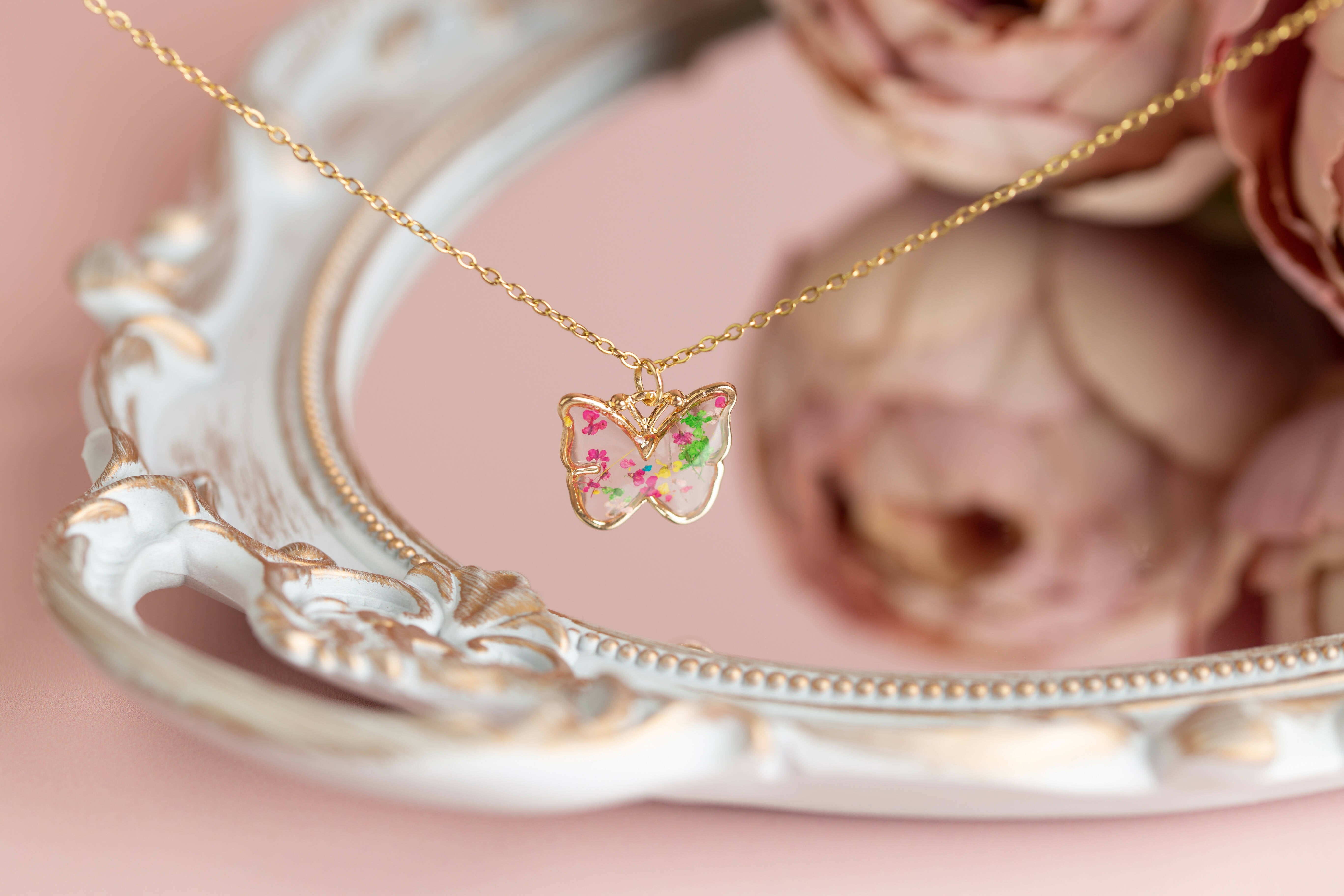 Small Real Flower Multicolour Butterfly Necklace Gold Plated