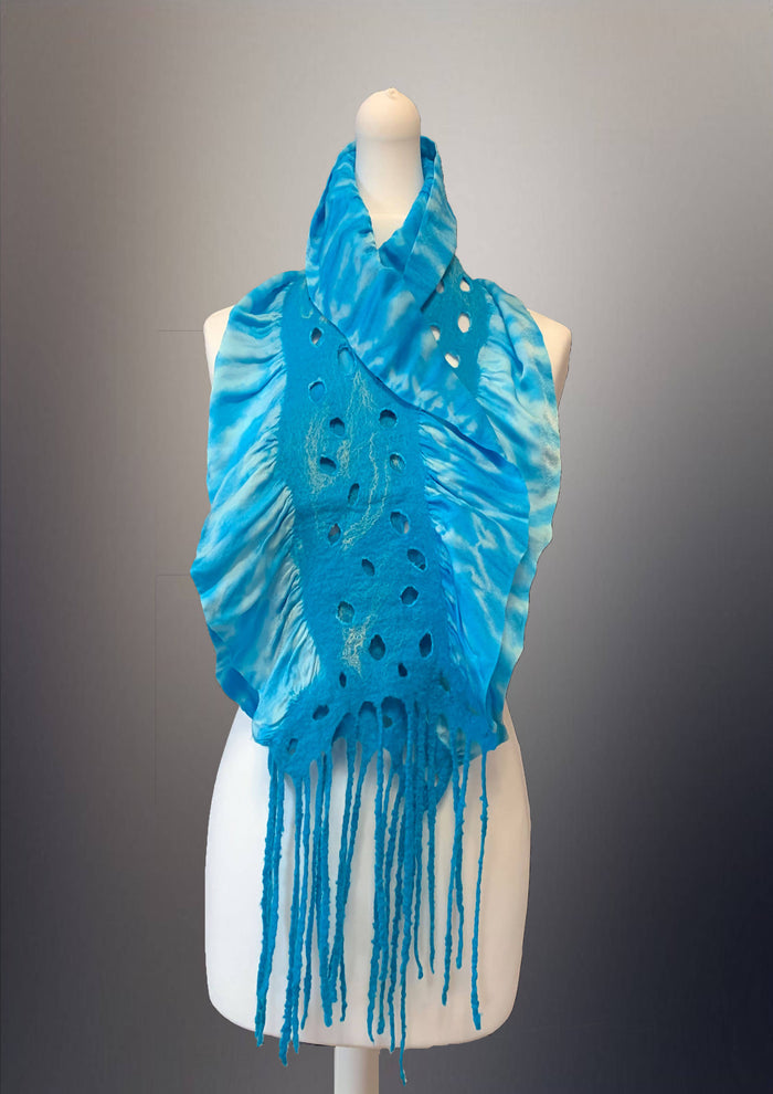Nuno Felt Scarf Blue ruffle scarf with lace effect in the middle