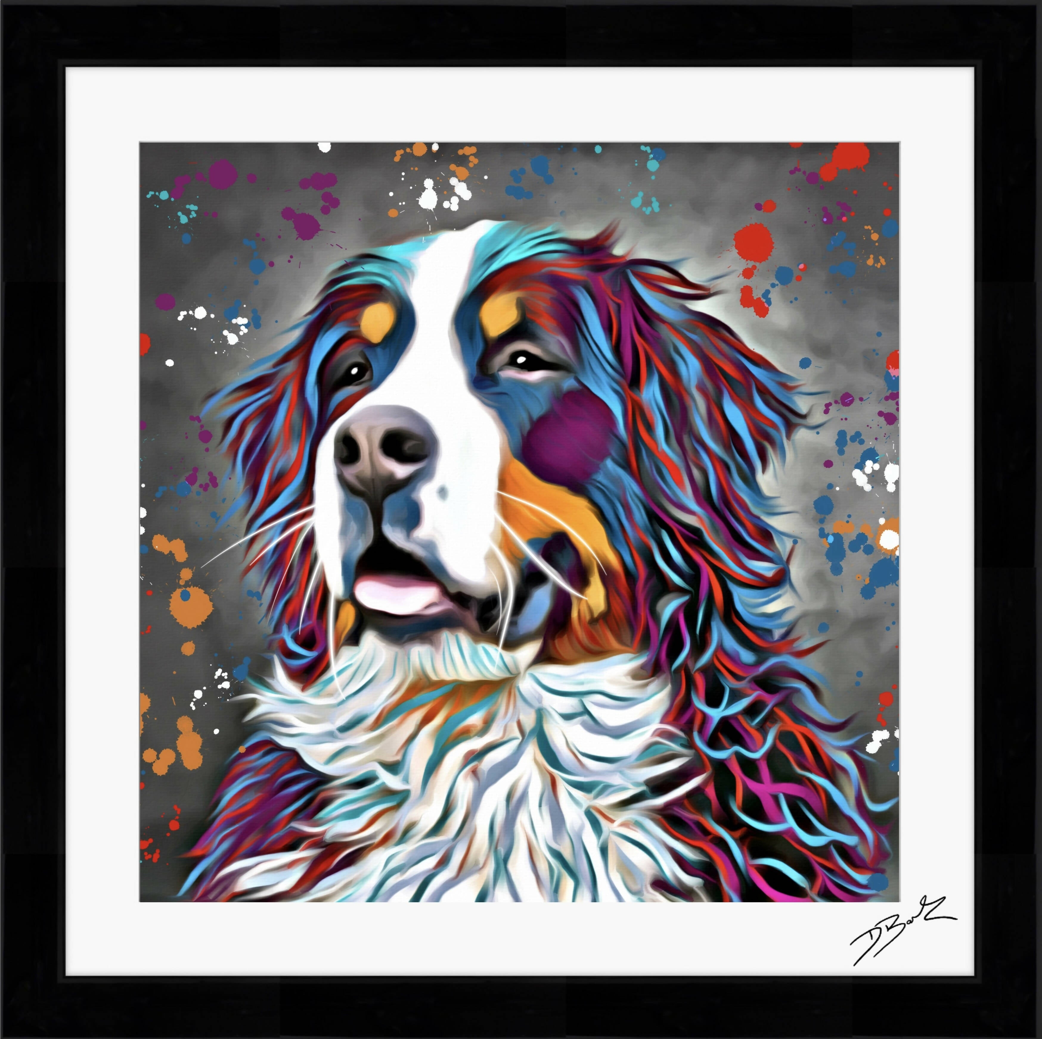 BERNESE MOUNTAIN DOG COLOUR SPLASH FRAMED ARTWORK.