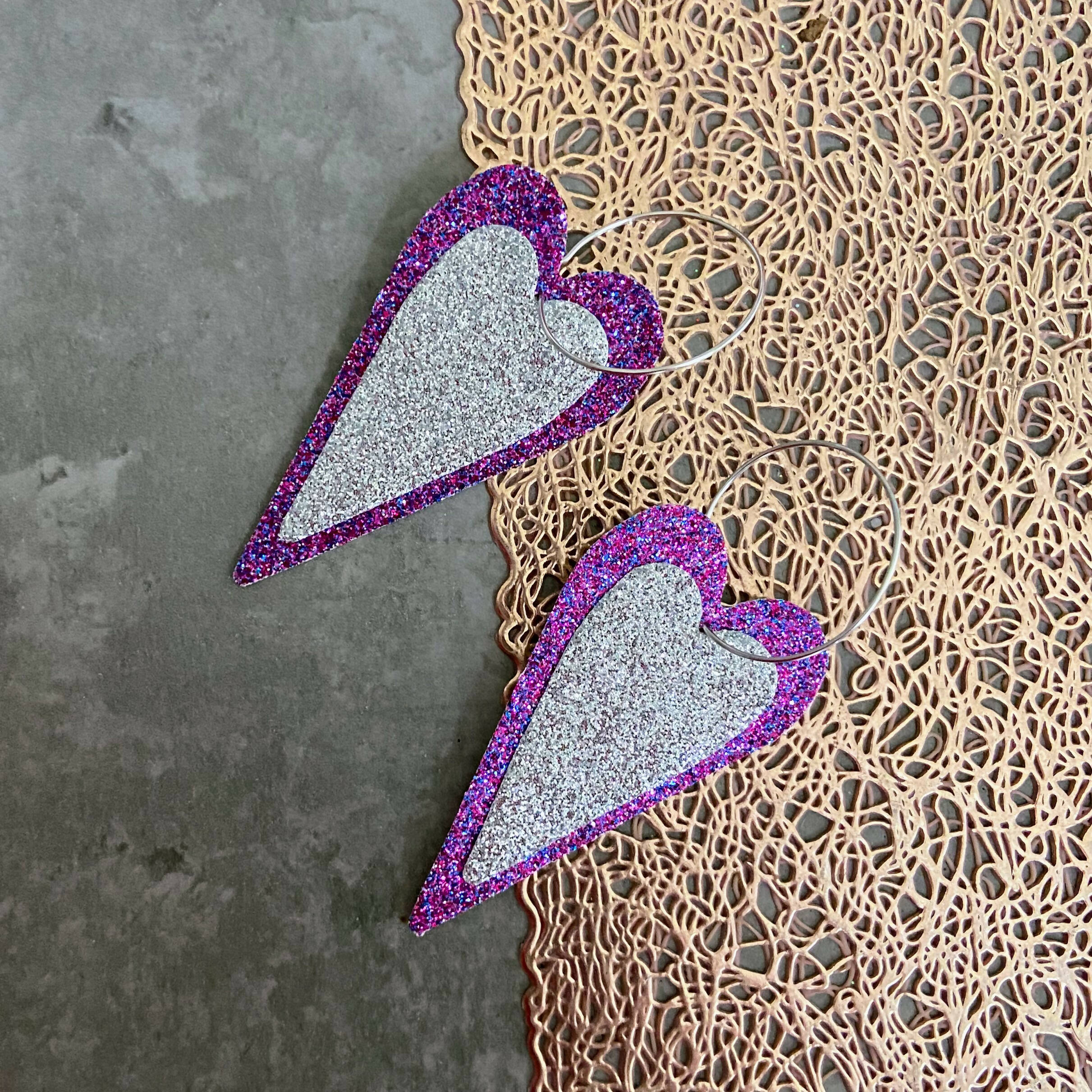 Statement Heart Earrings in Silver Glitter