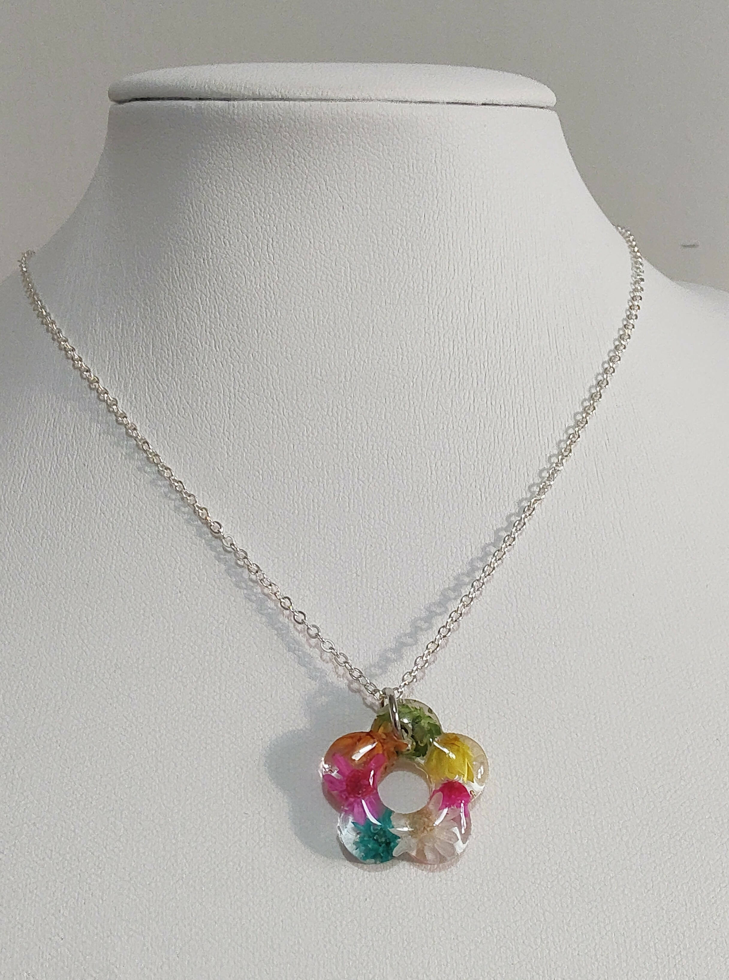 3D Flower Shaped Necklace with Multicolour Dried Flowers Silver Plated