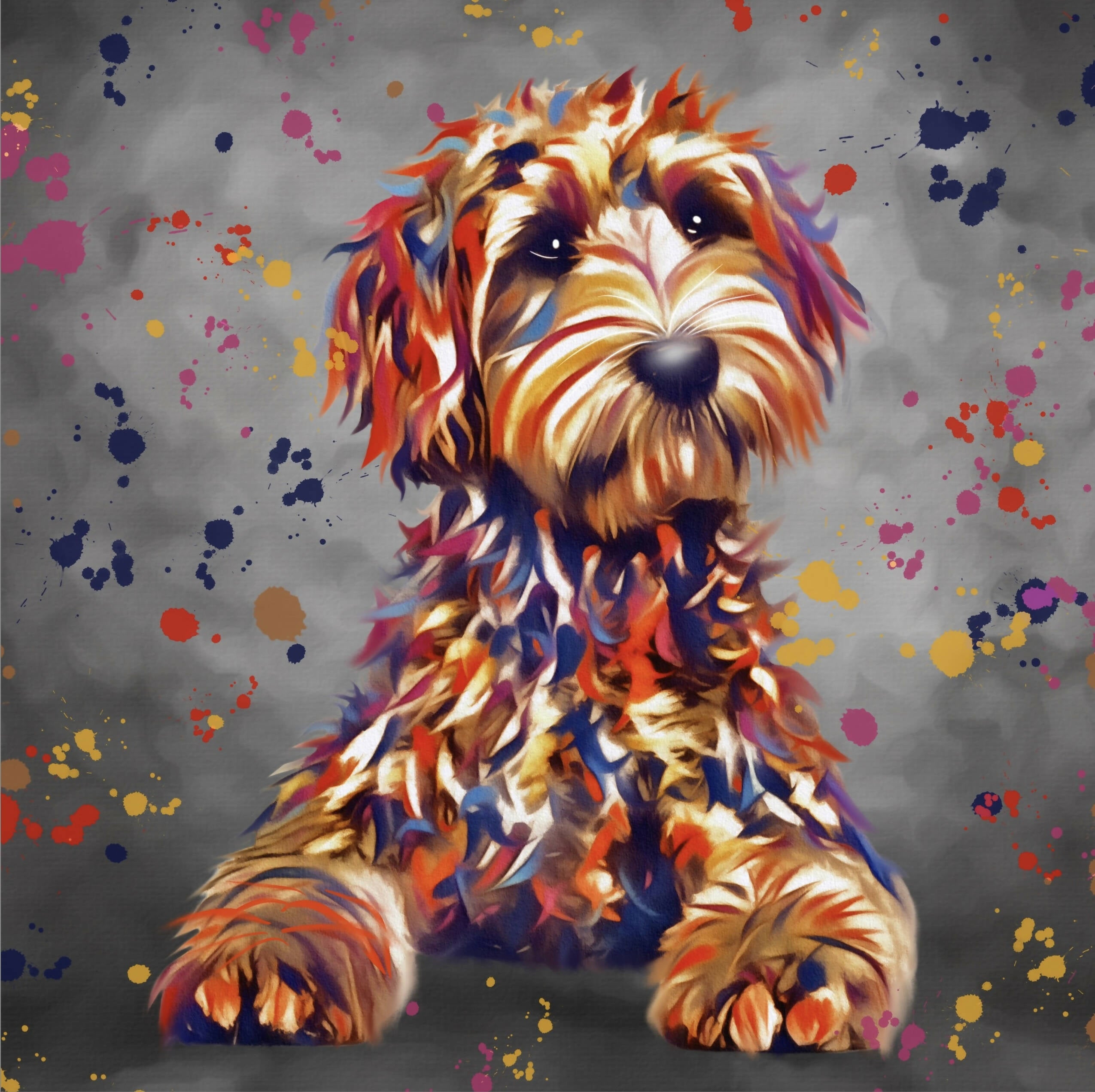 COCKAPOO DOG FULL BODY COLOUR SPLASH FRAMED ARTWORK.