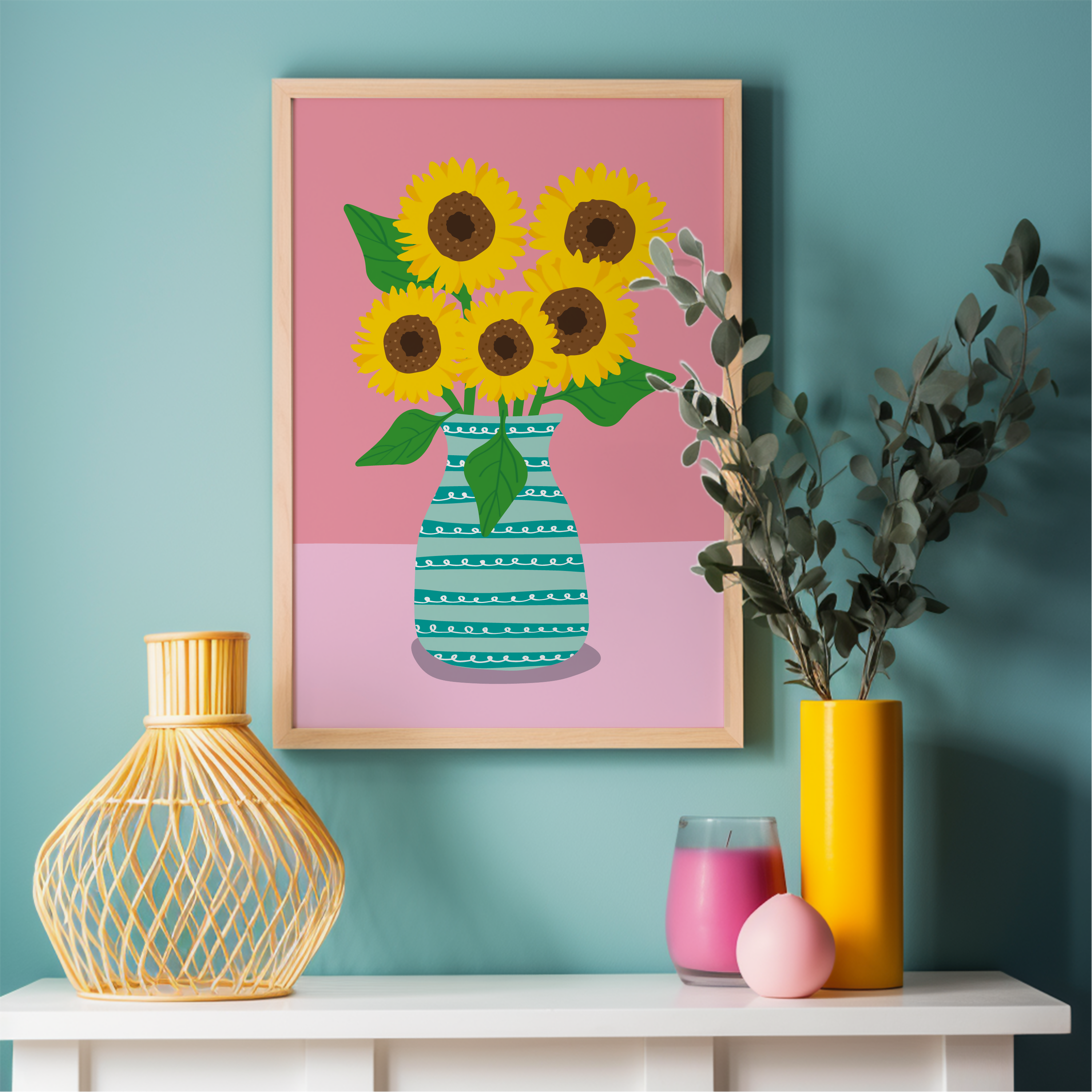 A5 Pink Vase Sunflower Print