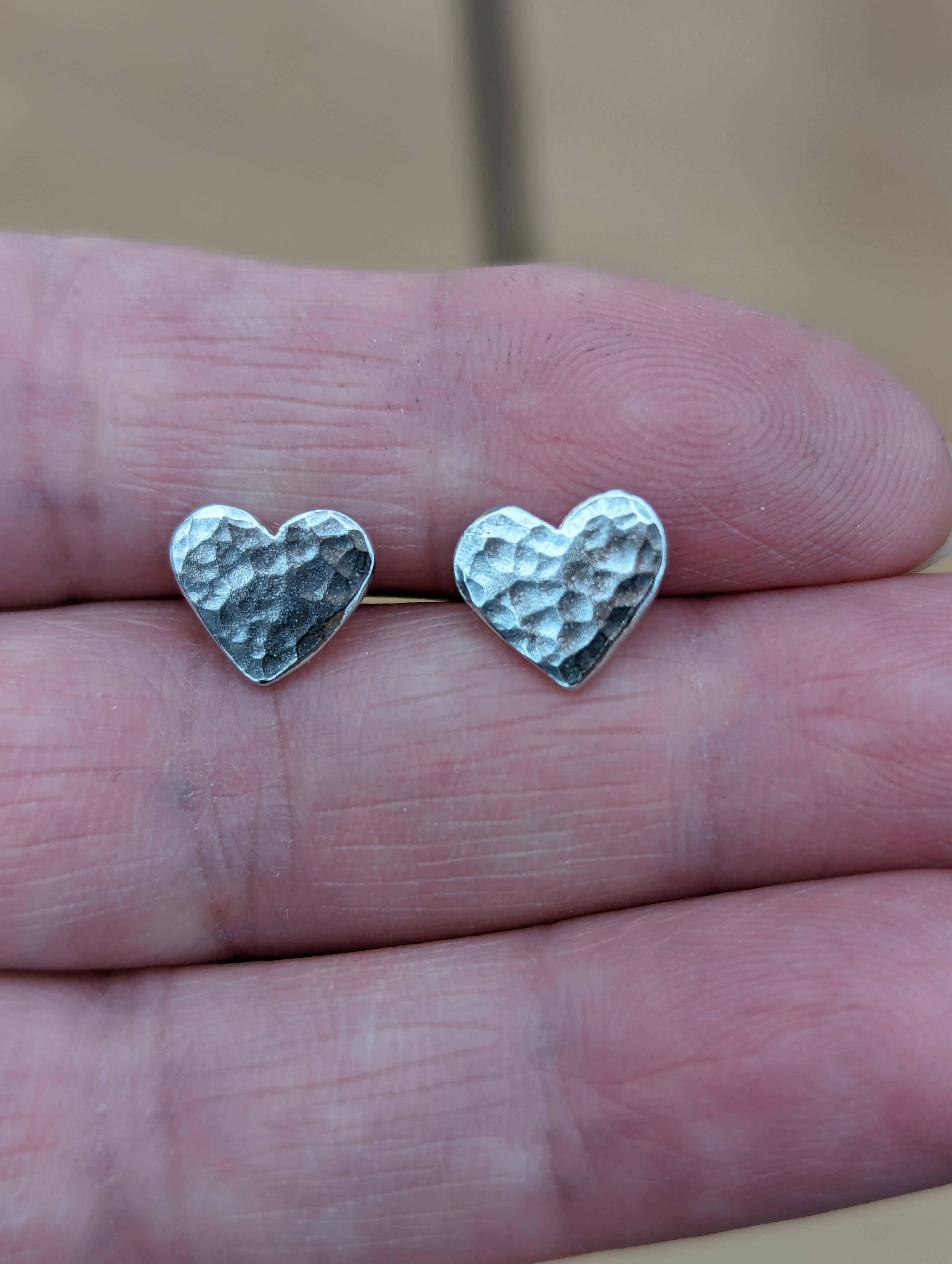 Sterling Silver Hammered Heart Studs - Handmade